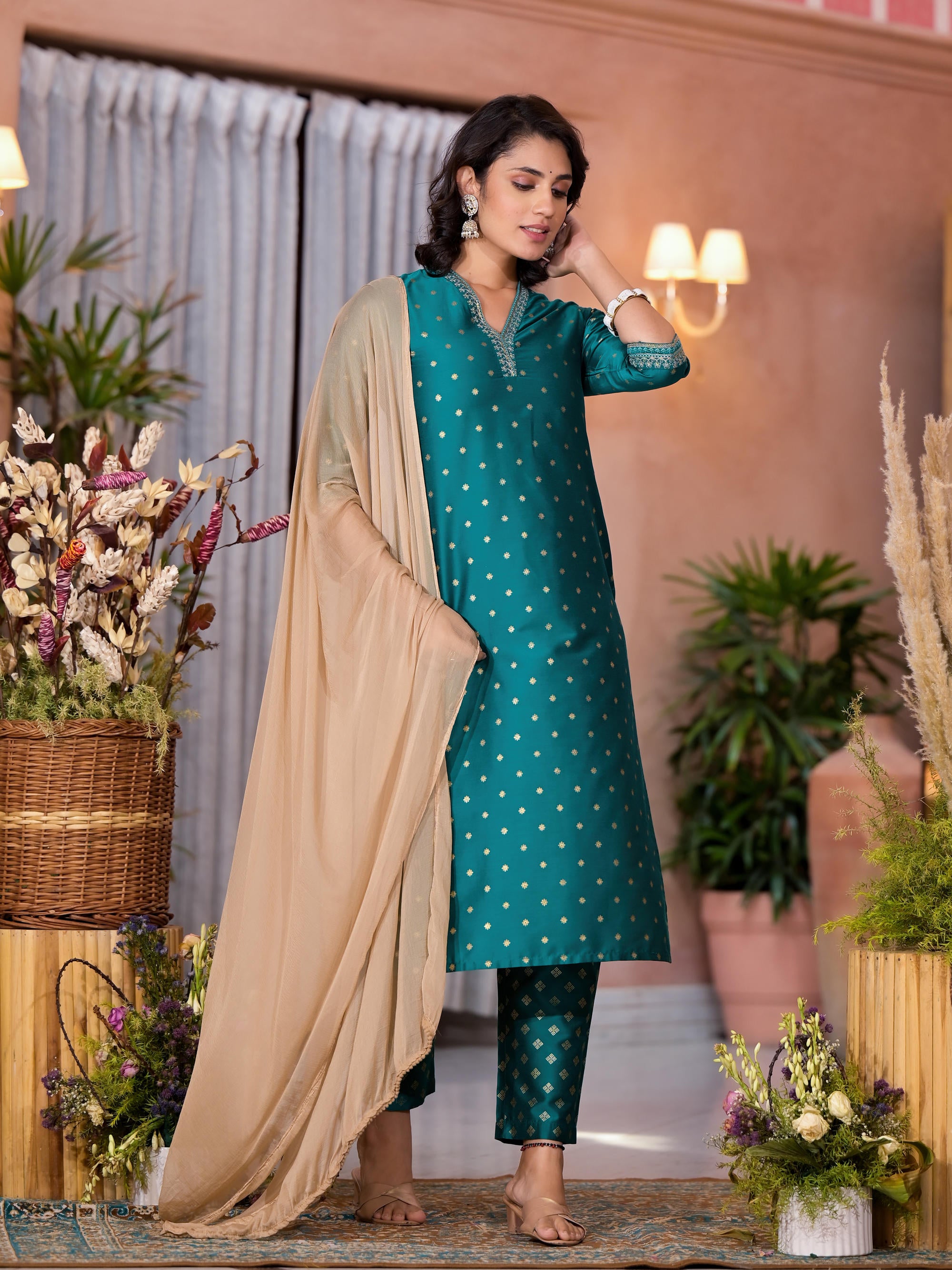 Rama Green Ethnic Motif Printed Cotton Kurta Pant And Dupatta Set With Zari Work