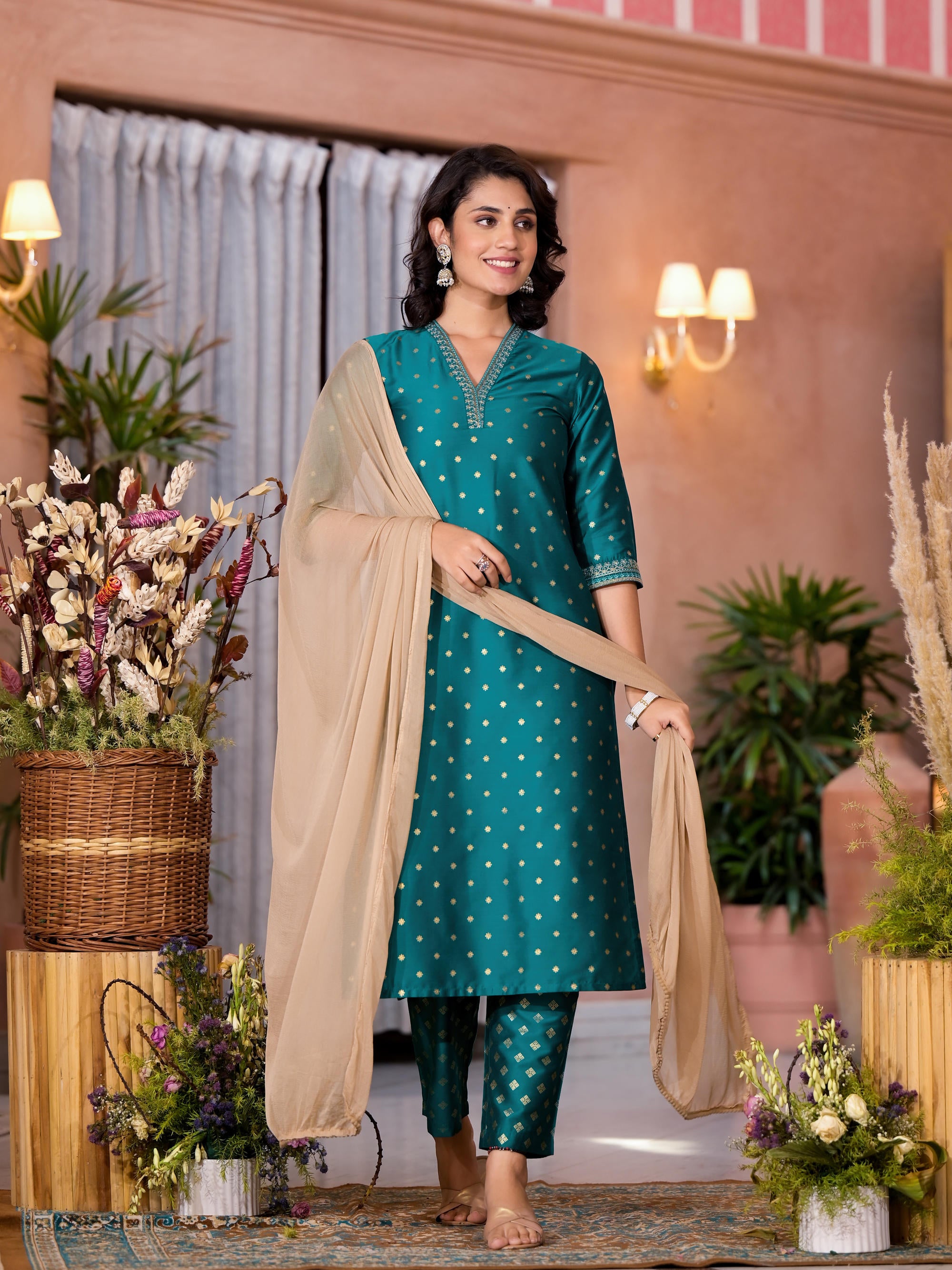 Rama Green Ethnic Motif Printed Cotton Kurta Pant And Dupatta Set With Zari Work