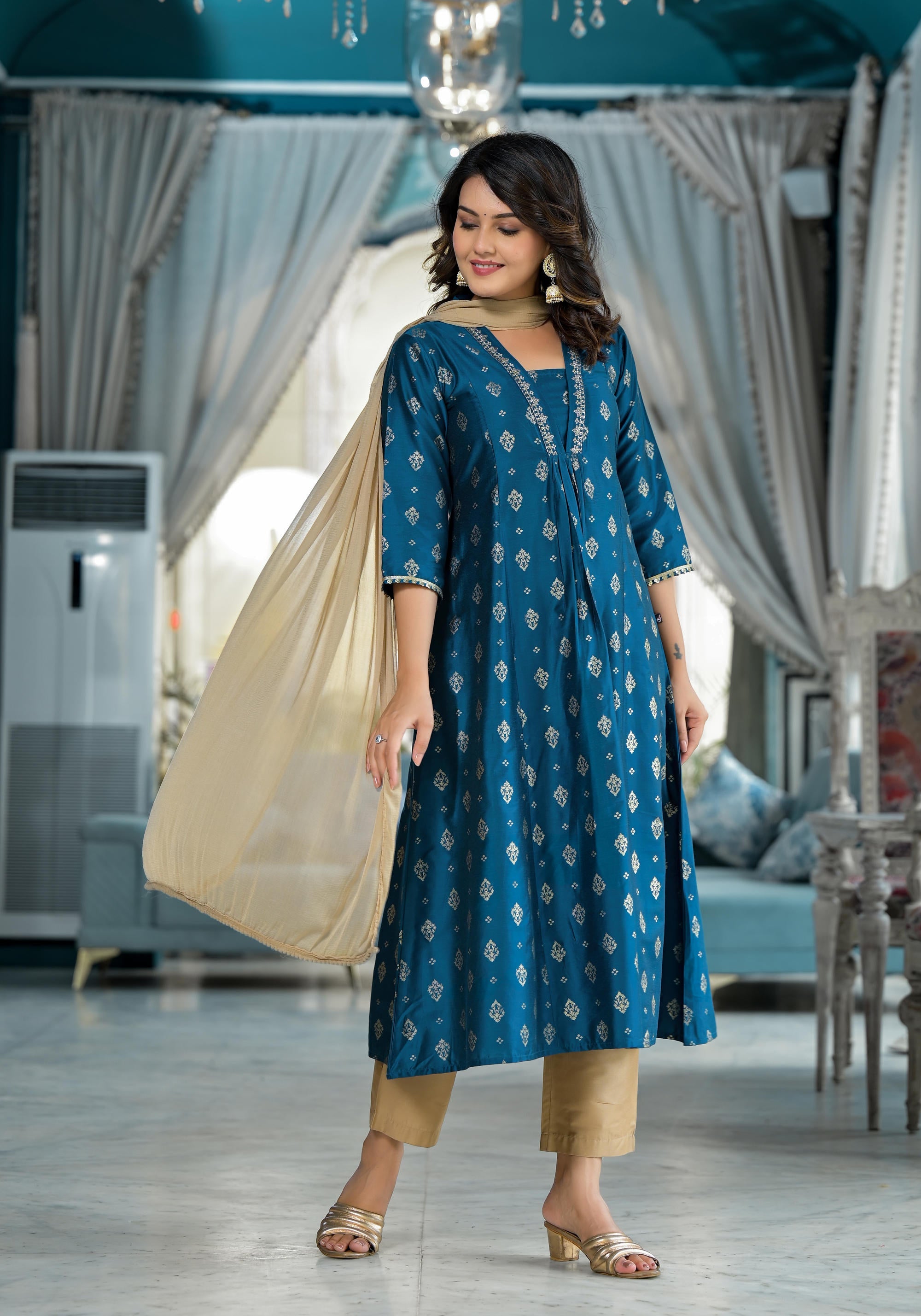 Blue Ethnic Motif Printed Polycotton Kurta Pant And Dupatta Set With Sequins Gota Patti & Beads