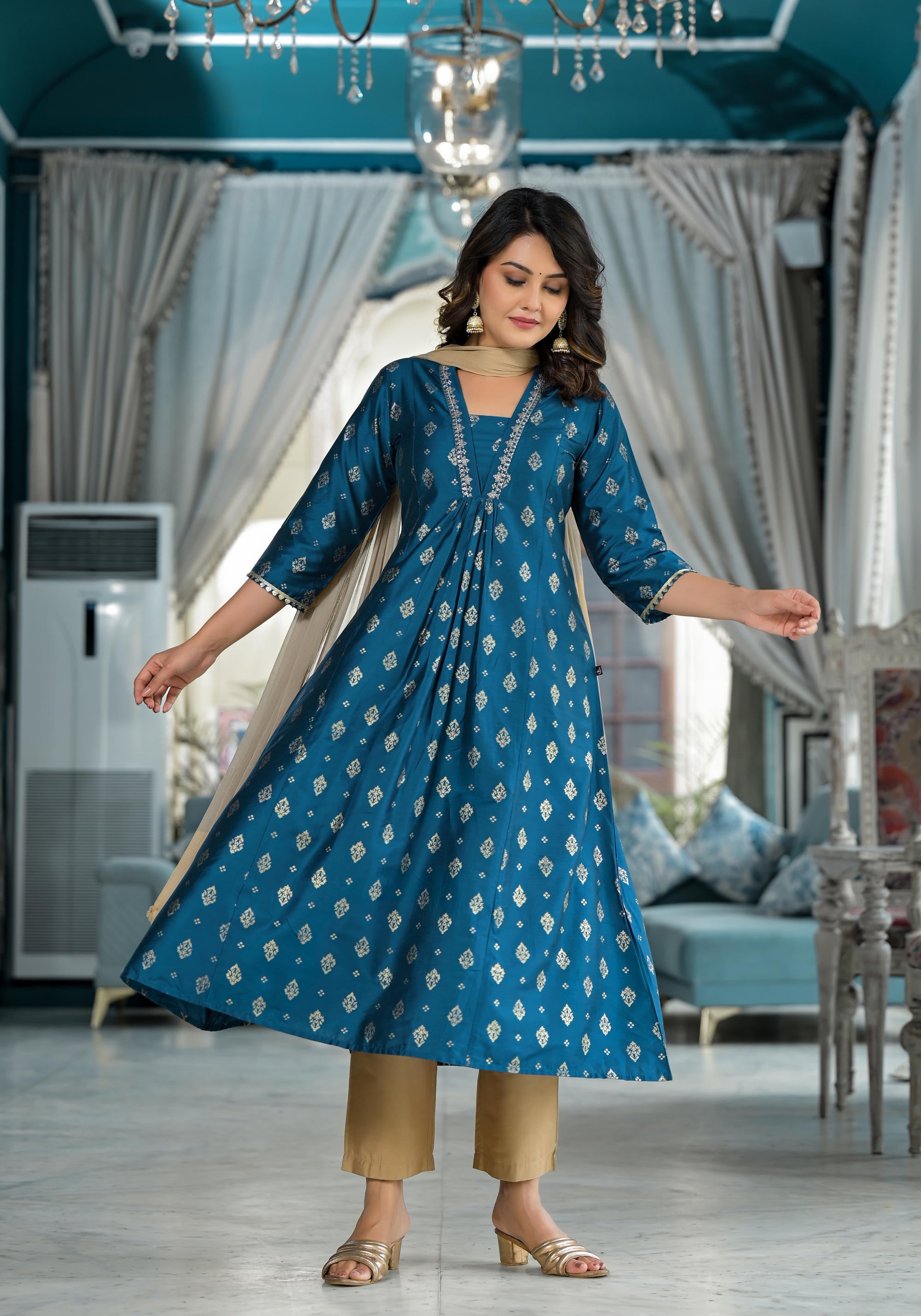 Blue Ethnic Motif Printed Polycotton Kurta Pant And Dupatta Set With Sequins Gota Patti & Beads