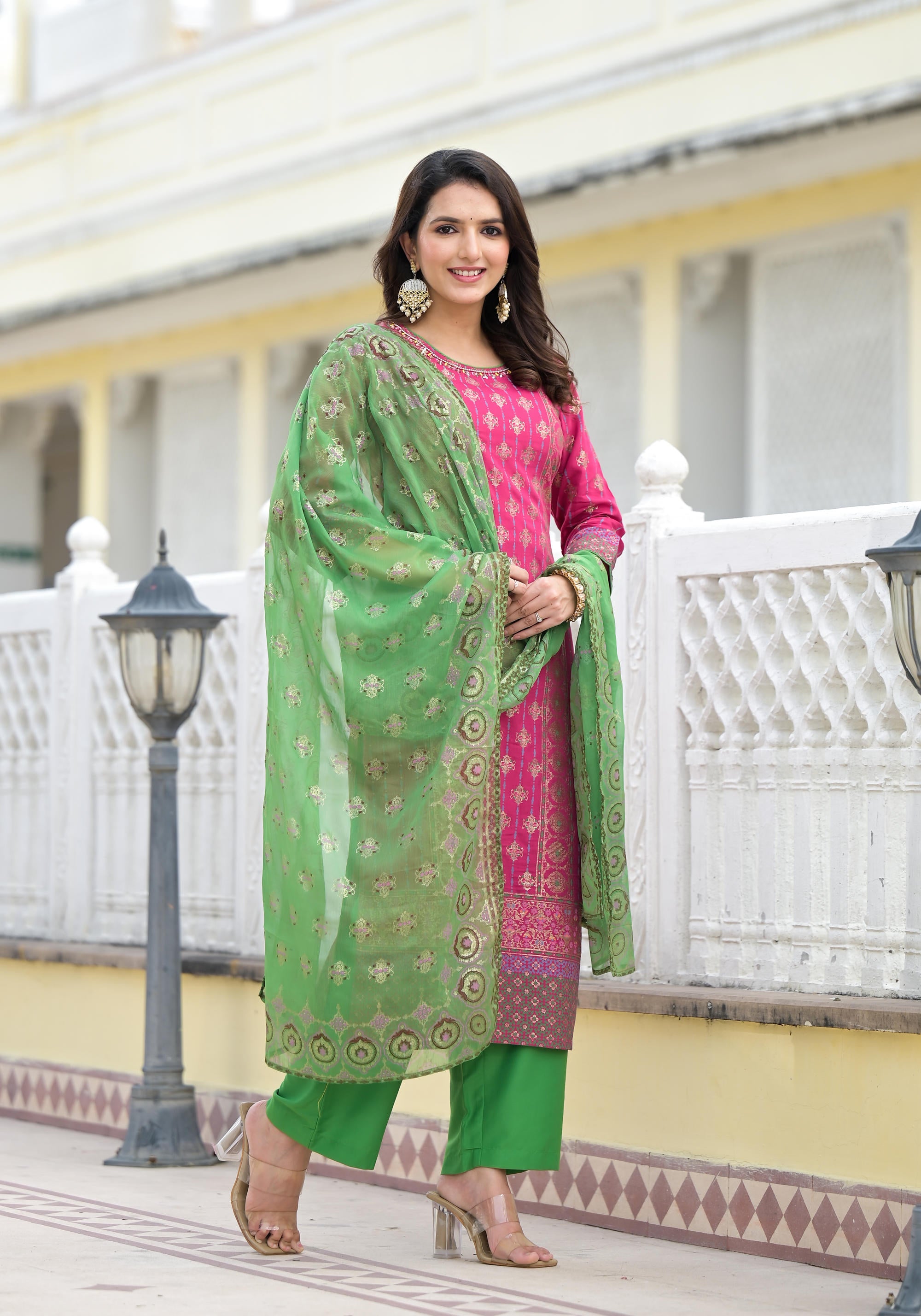 Fuchsia Ethnic Motif Printed Muslin Kurta Pant With Dupatta Set With Beads & Sequins