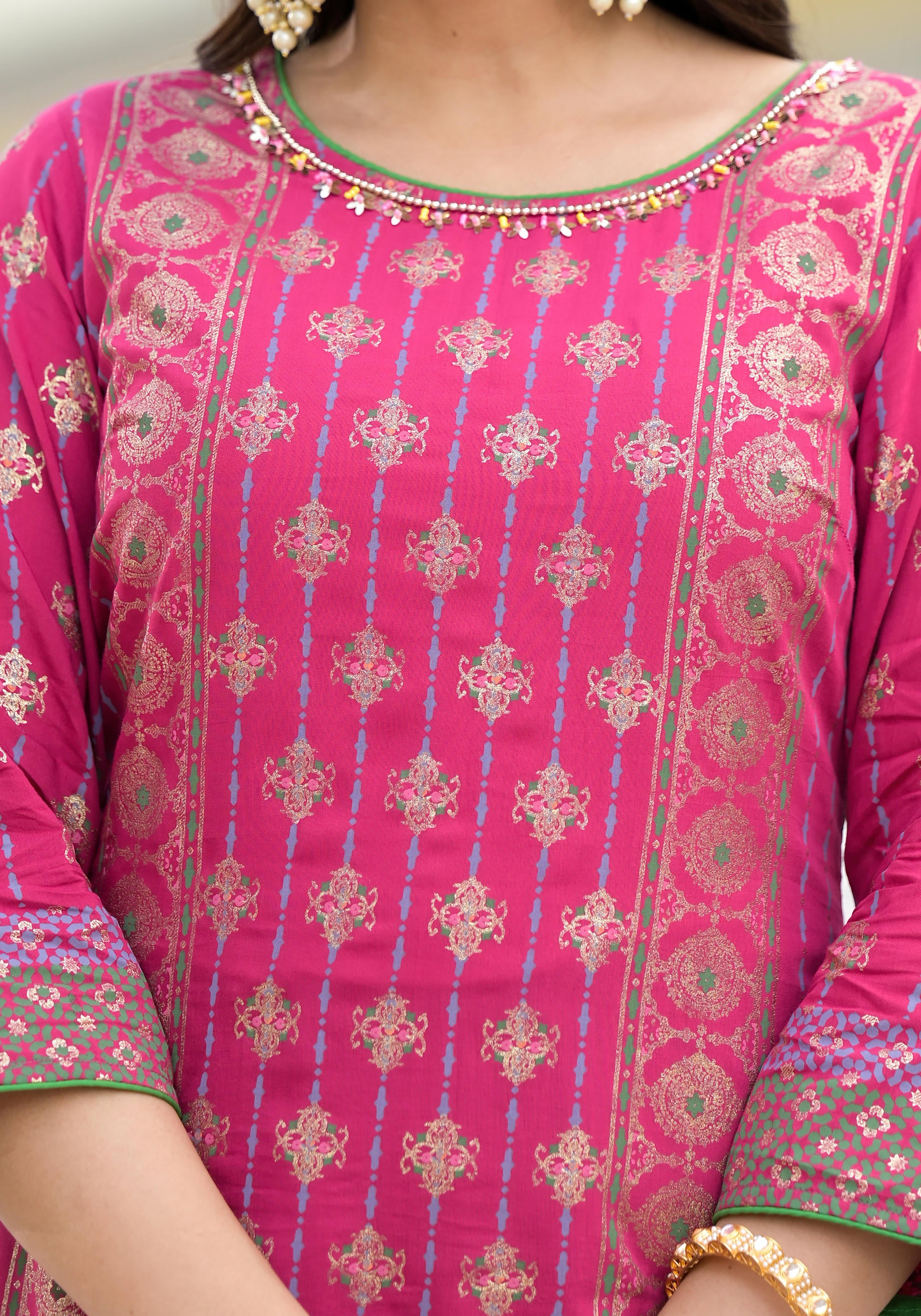 Fuchsia Ethnic Motif Printed Muslin Kurta Pant With Dupatta Set With Beads & Sequins