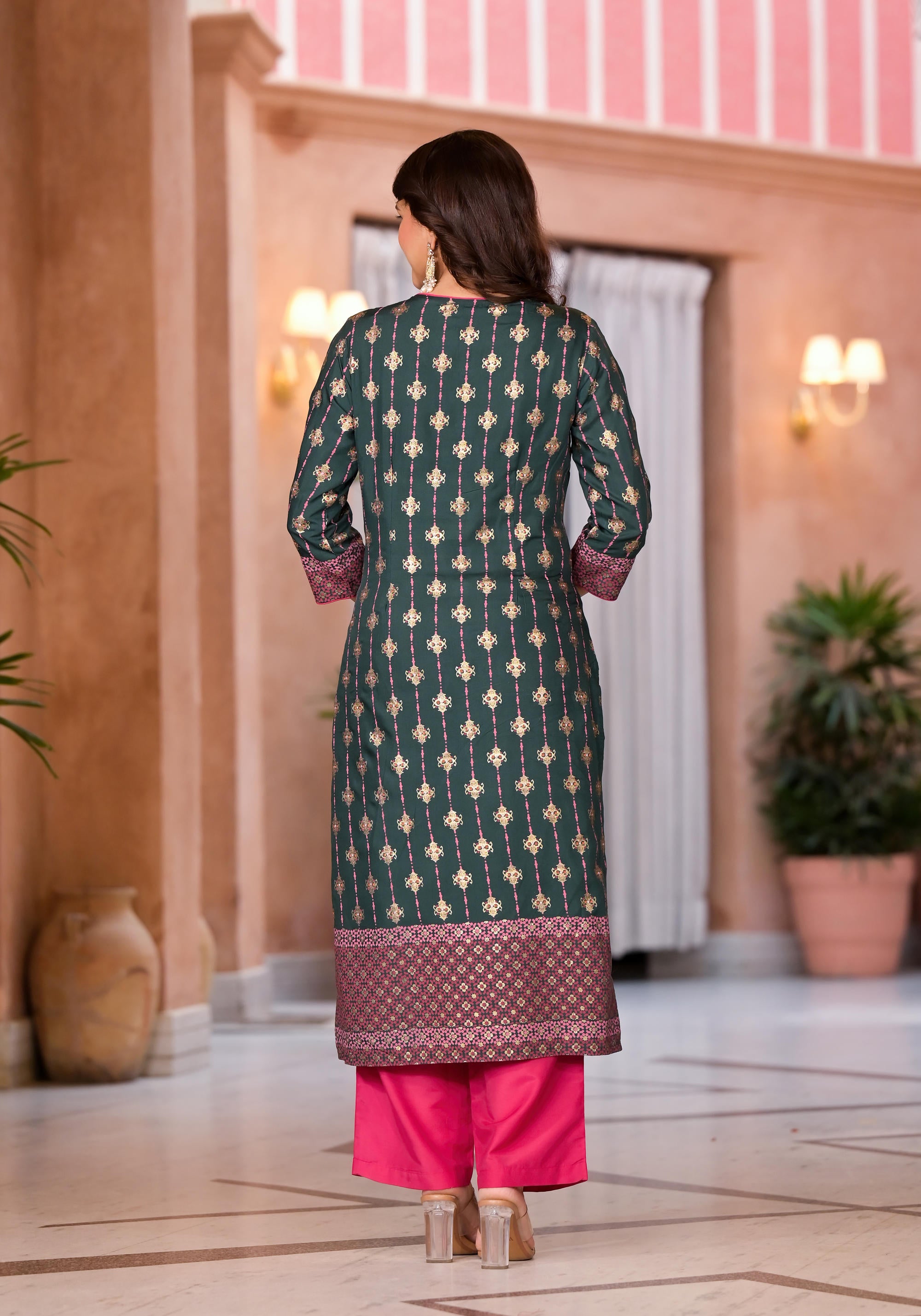 Jade Green Ethnic Motif Printed Muslin Kurta Pant And Dupatta Set With Beads & Zari Work