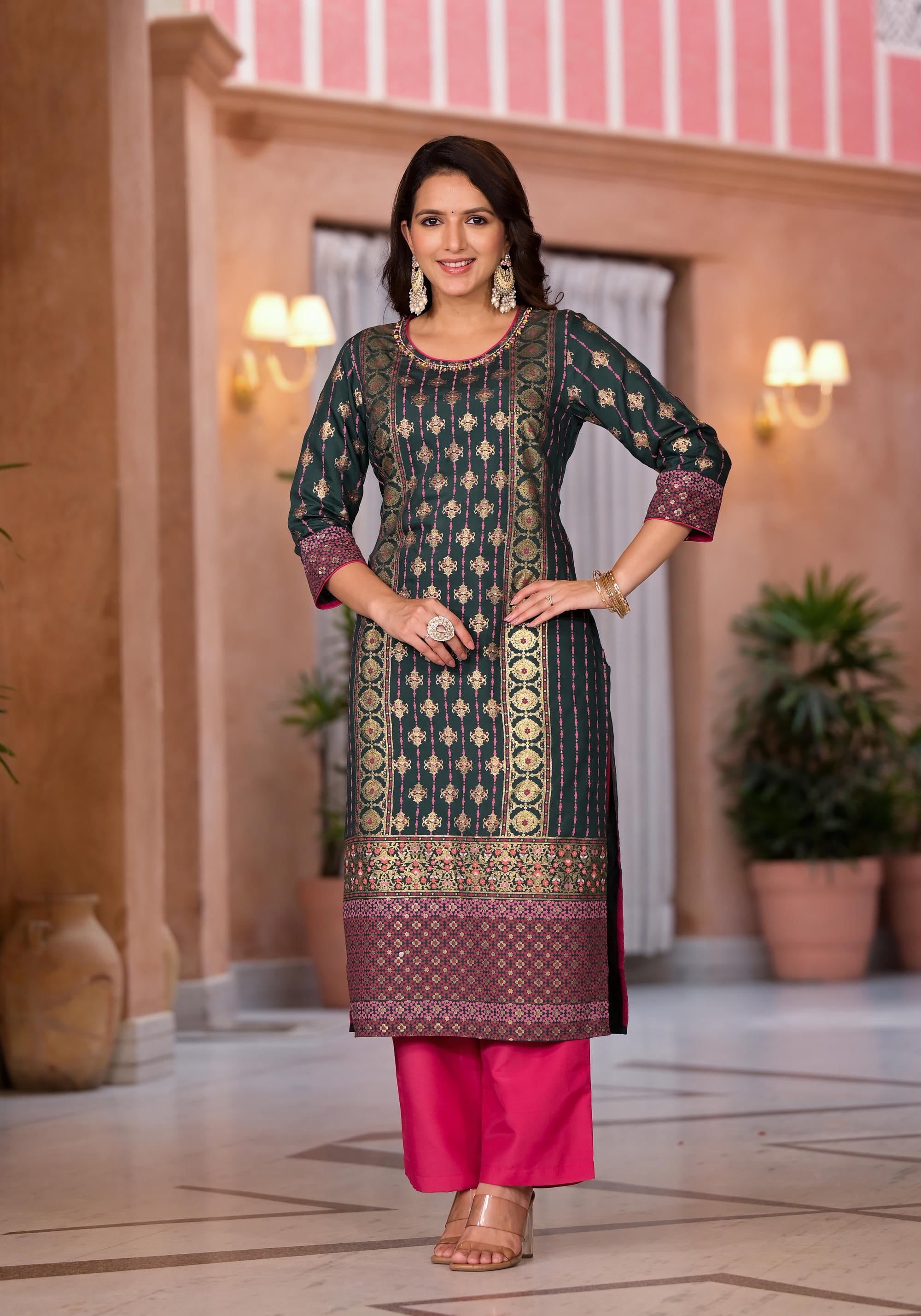 Jade Green Ethnic Motif Printed Muslin Kurta Pant And Dupatta Set With Beads & Zari Work