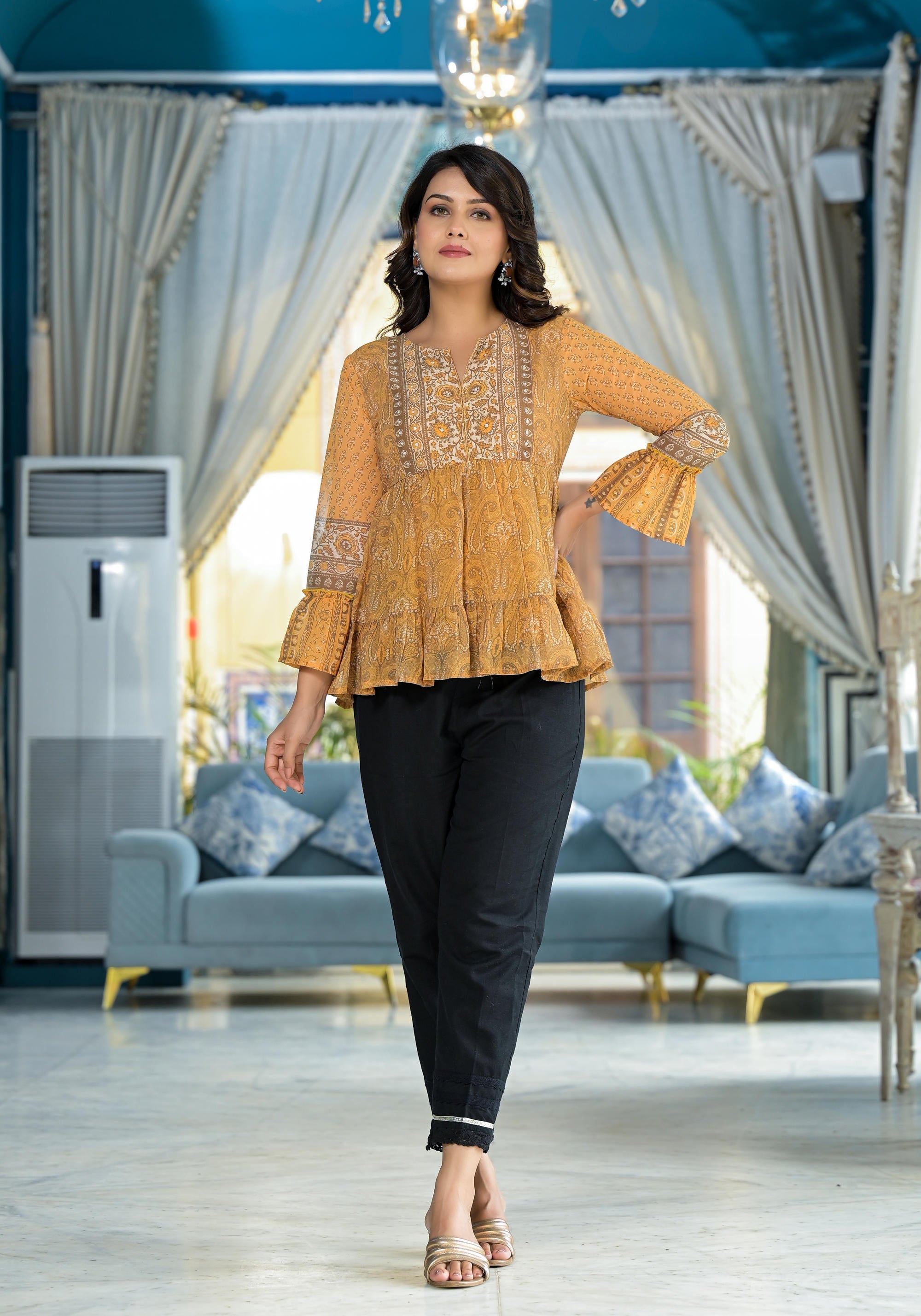 Mustard Ethnic Motif Printed Georgette Tunic With Sequins Detail