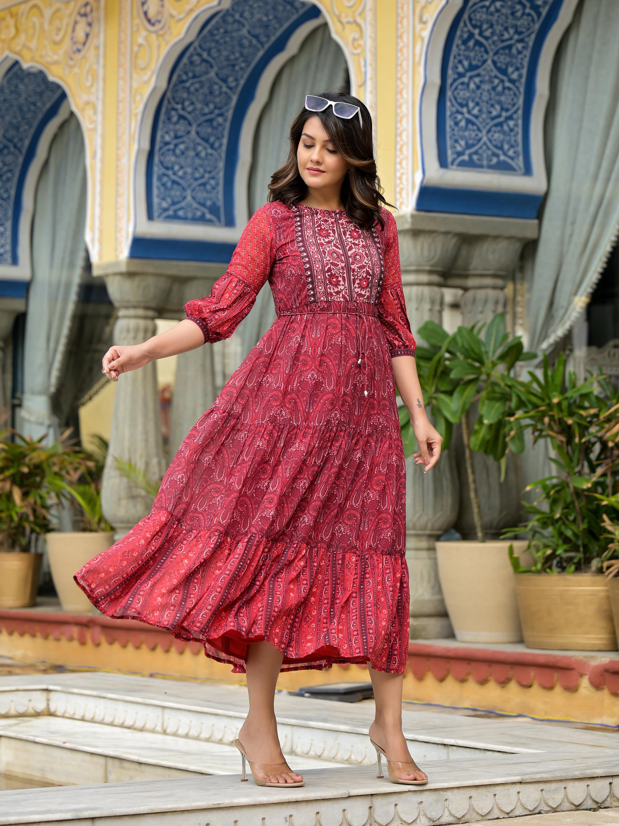 Rust Ethnic Motif Printed Georgette Gathers Maxi Dress With Sequins & Doris