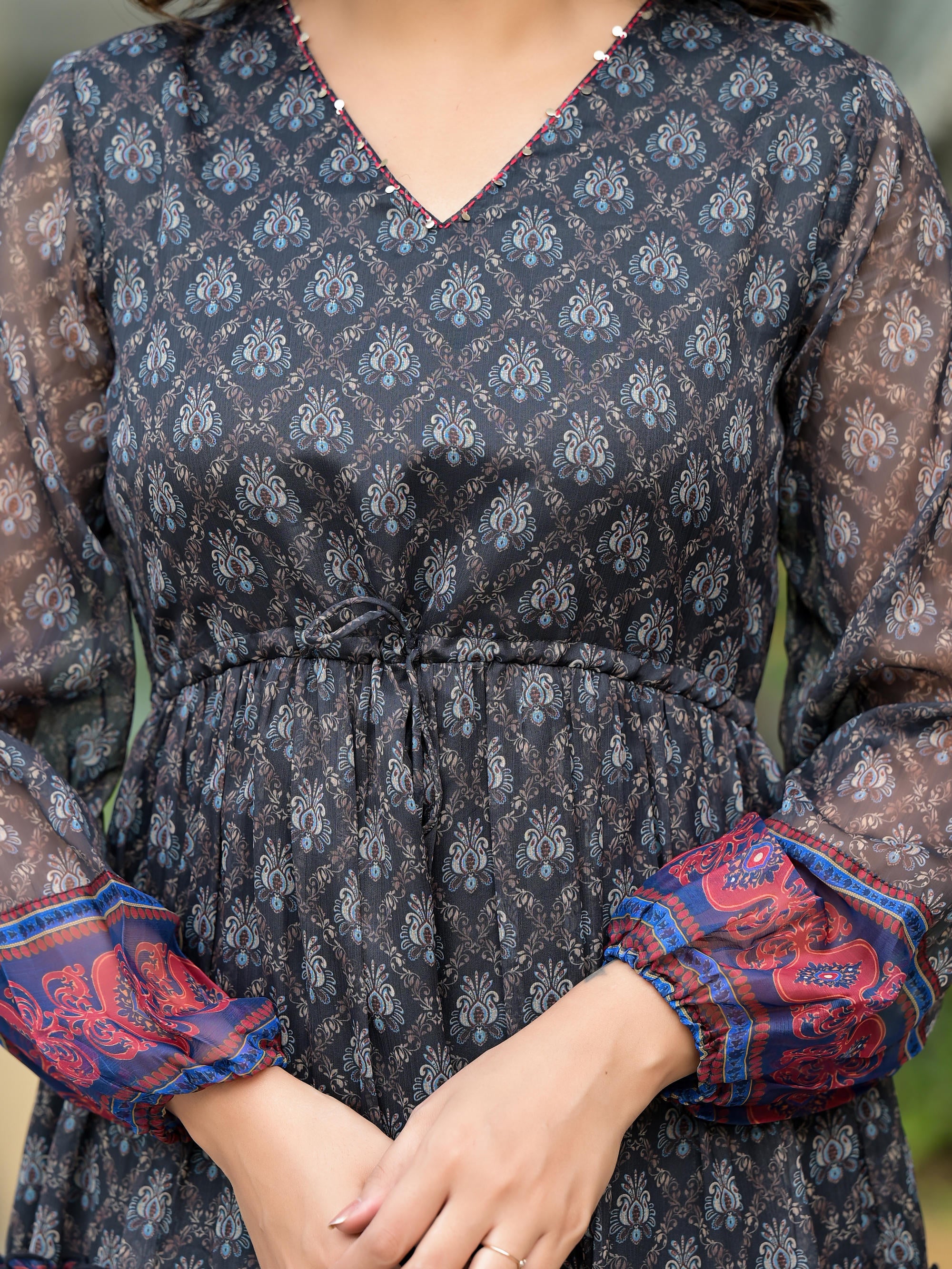 Black Ethnic Motif Printed Chiffon Tiered Maxi Dress With Doris