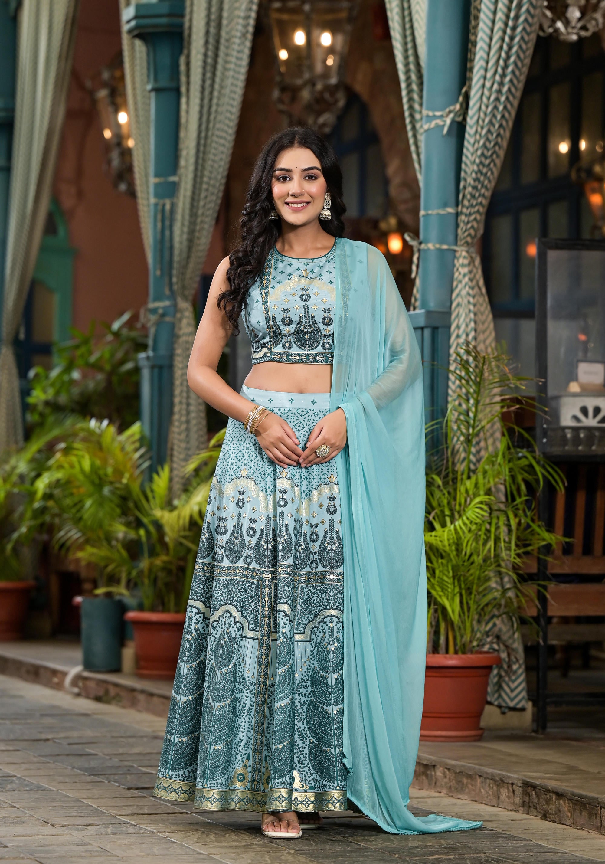 Aqua Ethnic Motif Printed Lehenga Set With Sequins & Gota Patti