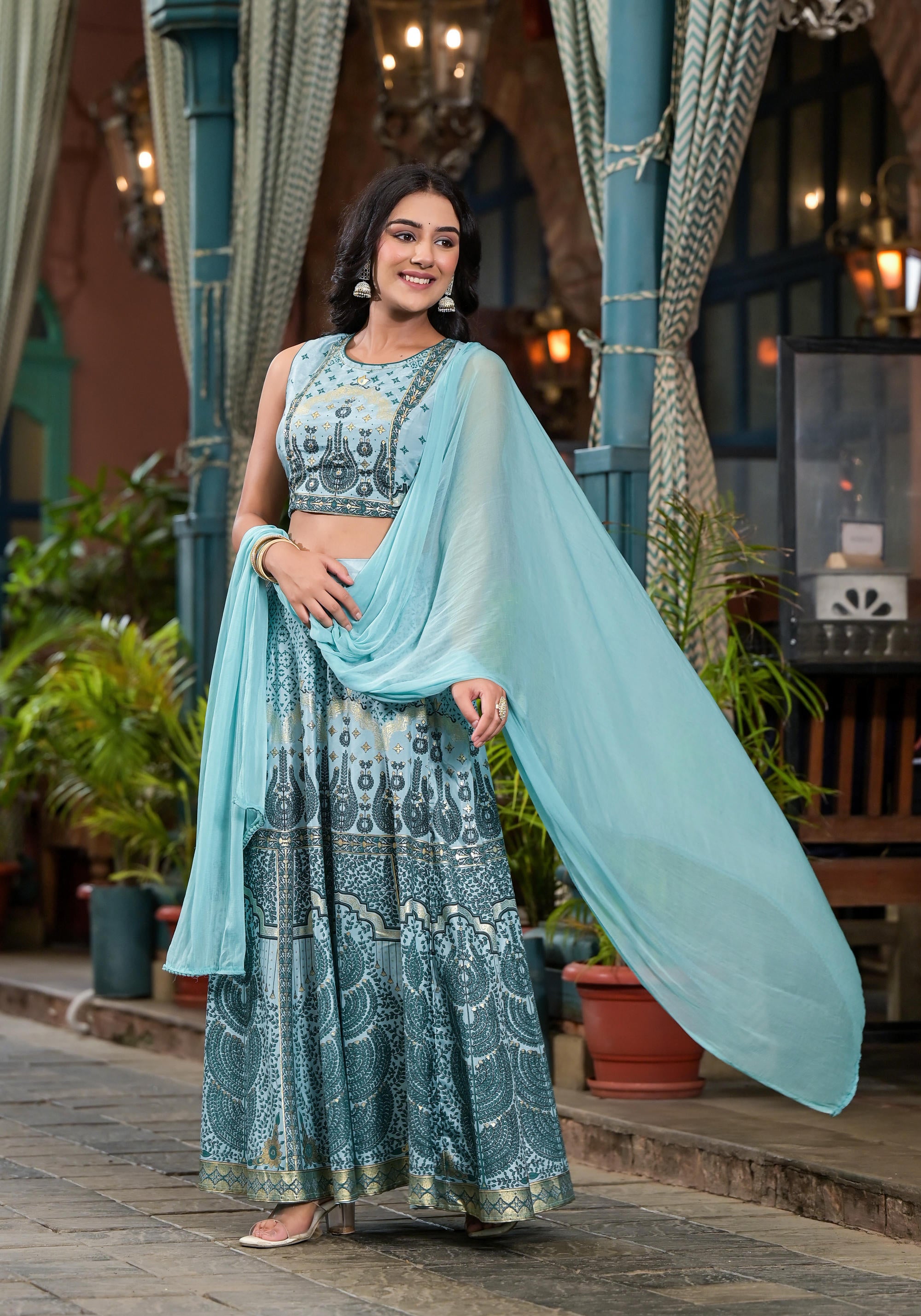 Aqua Ethnic Motif Printed Lehenga Set With Sequins & Gota Patti