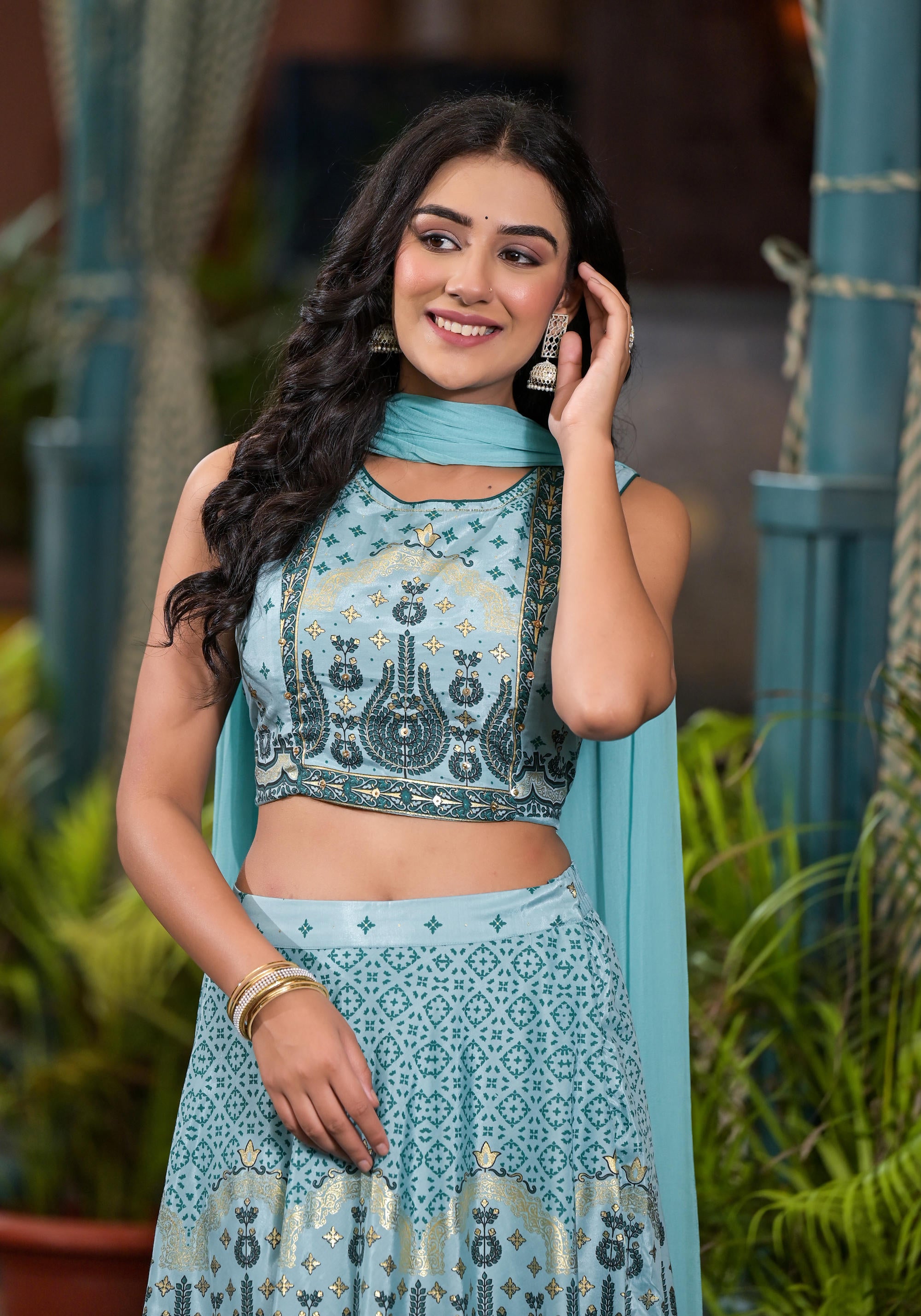 Aqua Ethnic Motif Printed Lehenga Set With Sequins & Gota Patti