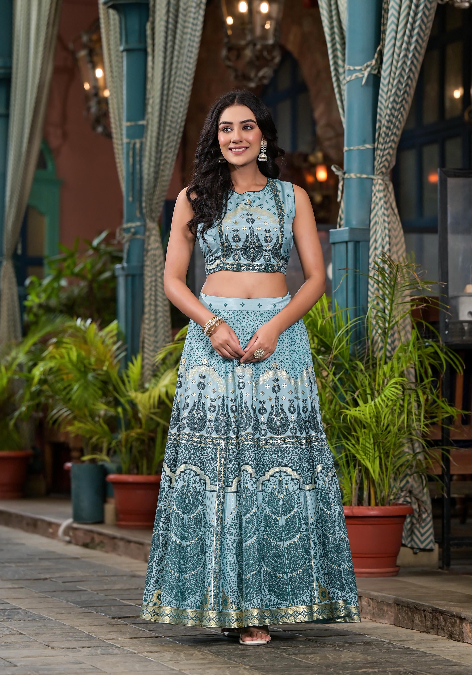 Aqua Ethnic Motif Printed Lehenga Set With Sequins & Gota Patti