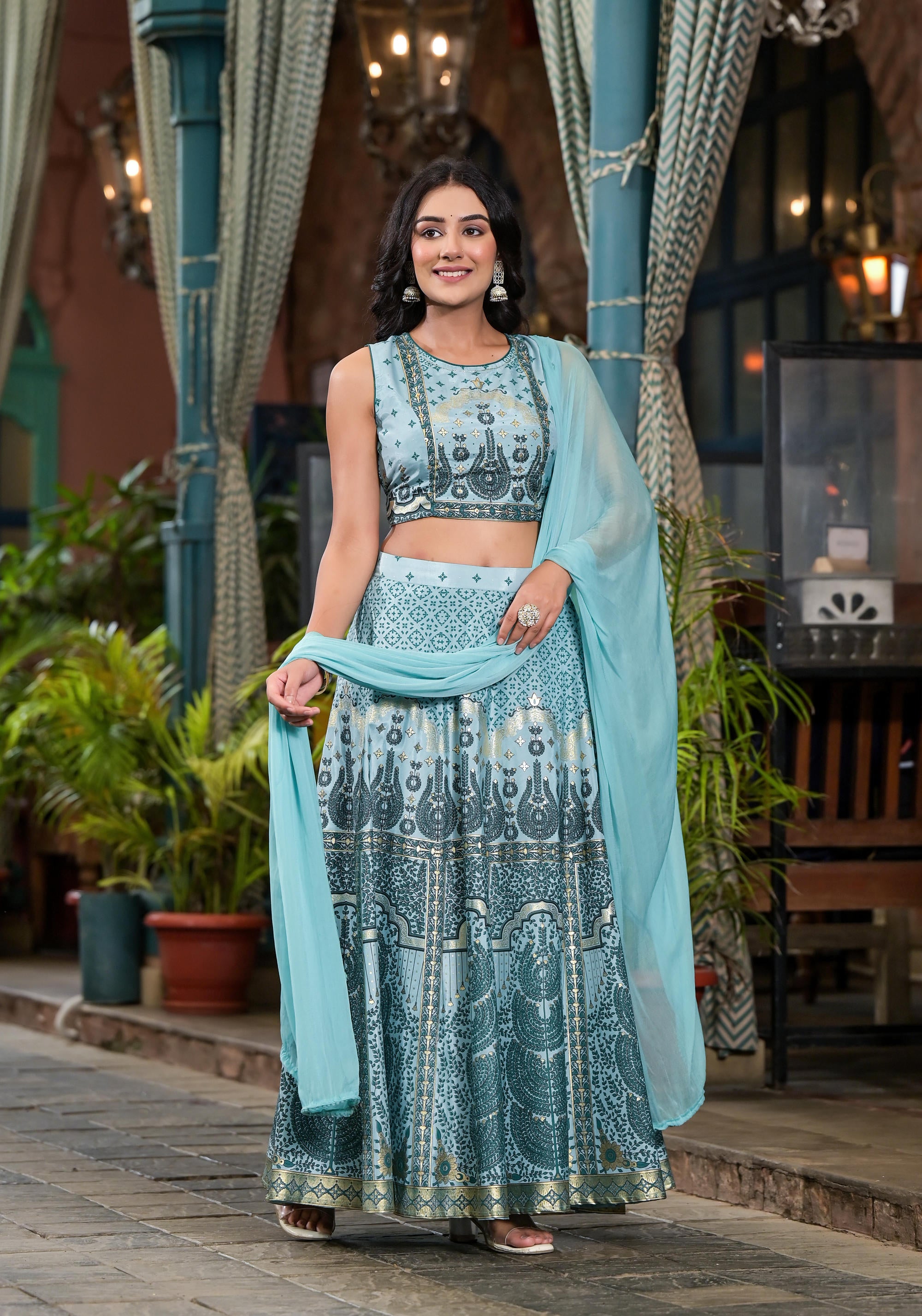 Aqua Ethnic Motif Printed Lehenga Set With Sequins & Gota Patti