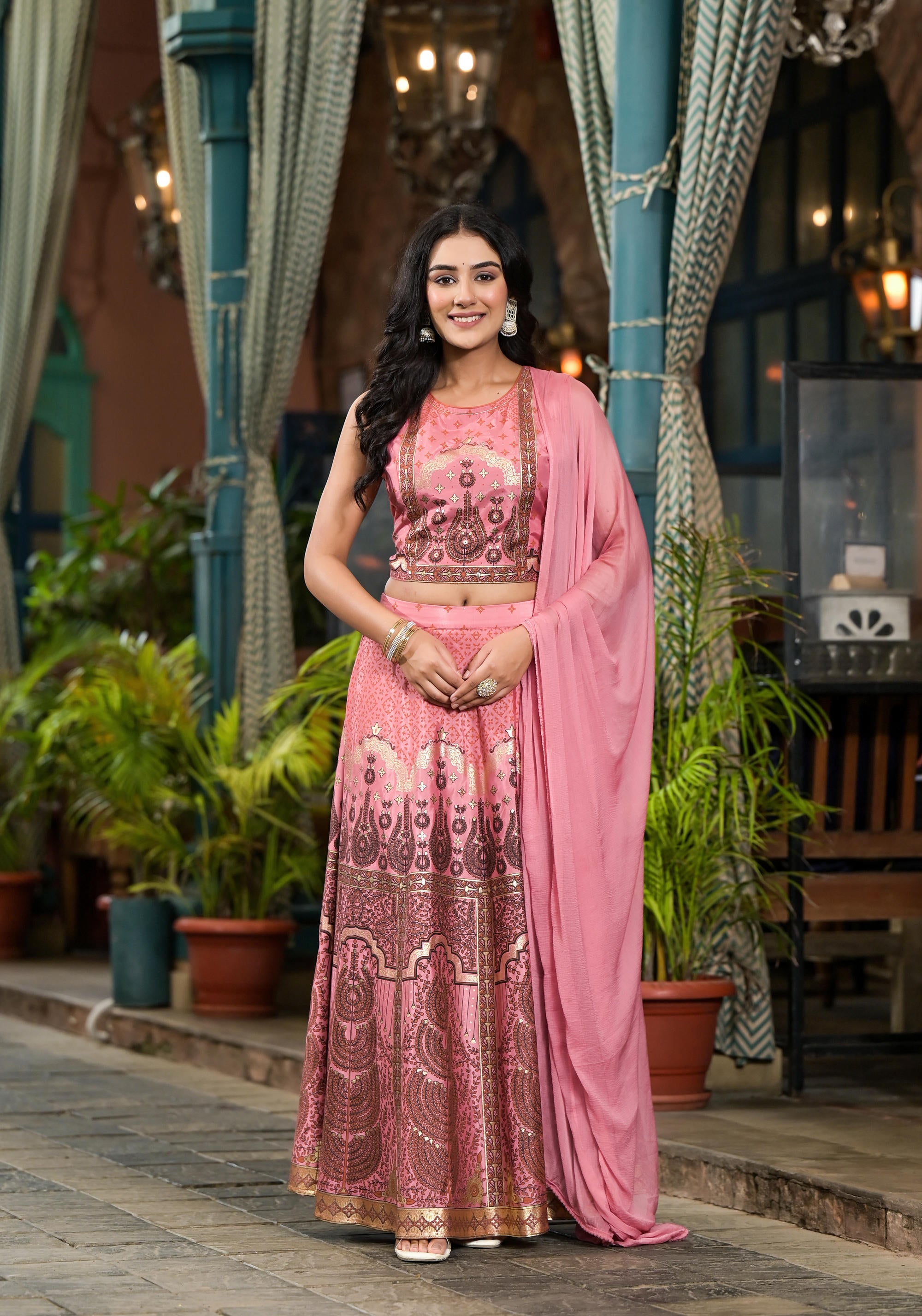 Pink Ethnic Motif Printed Lehenga Set With Sequins & Gota Patti