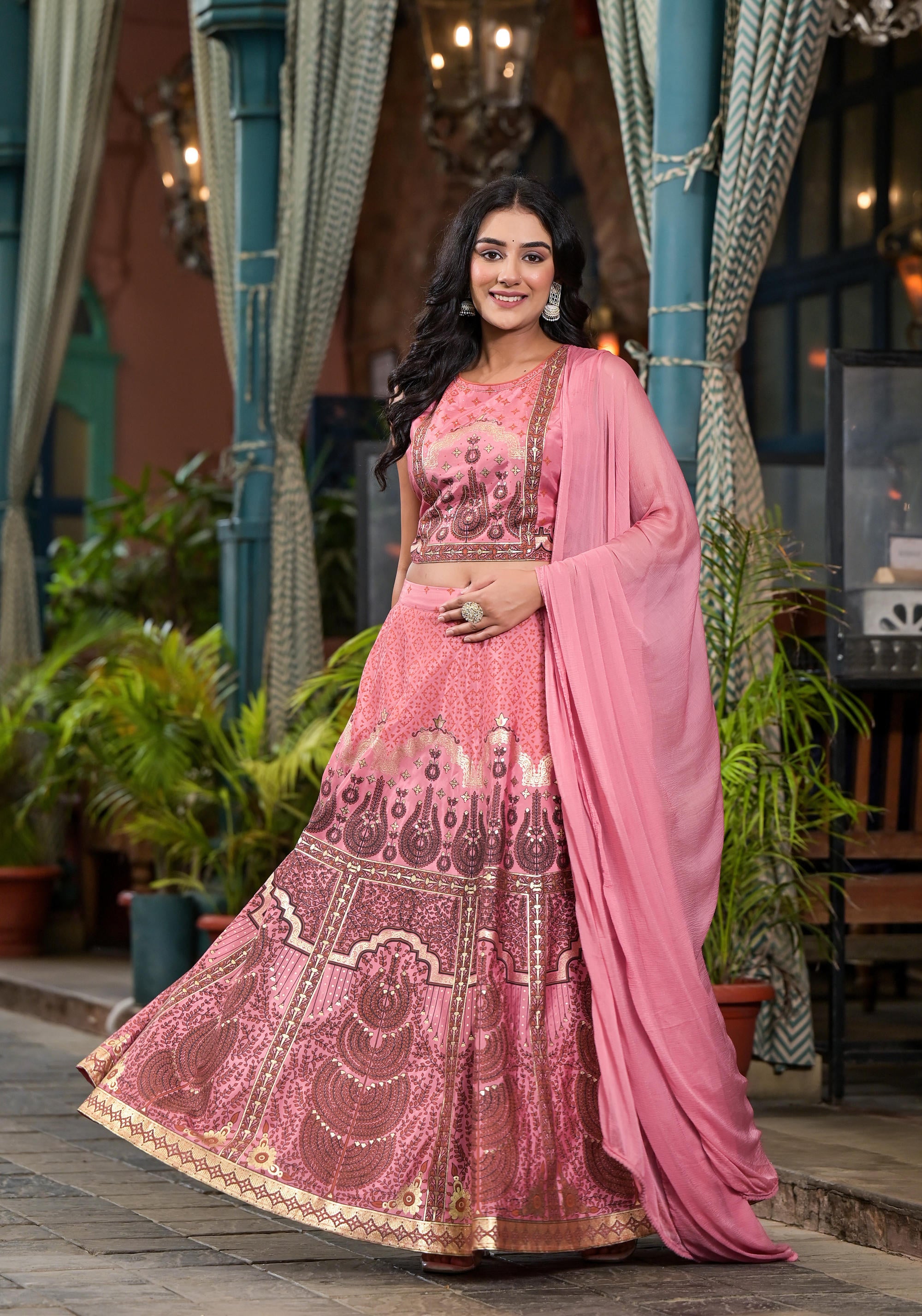 Pink Ethnic Motif Printed Lehenga Set With Sequins & Gota Patti