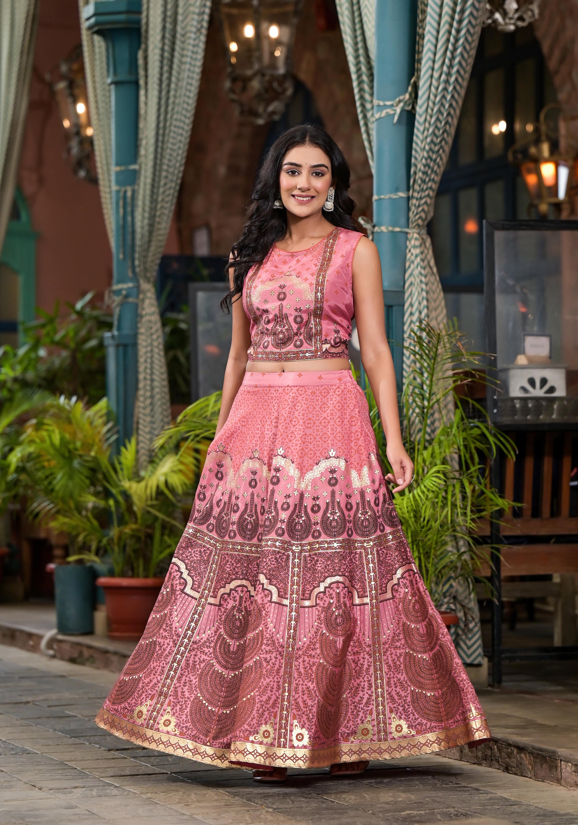 Pink Ethnic Motif Printed Lehenga Set With Sequins & Gota Patti