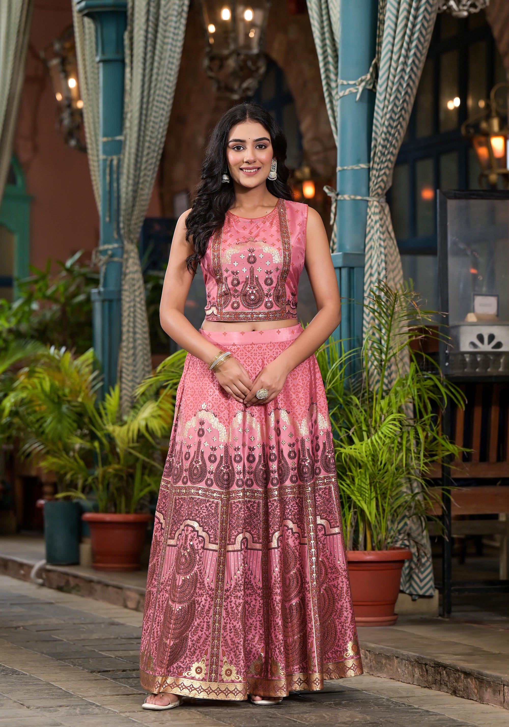 Pink Ethnic Motif Printed Lehenga Set With Sequins & Gota Patti