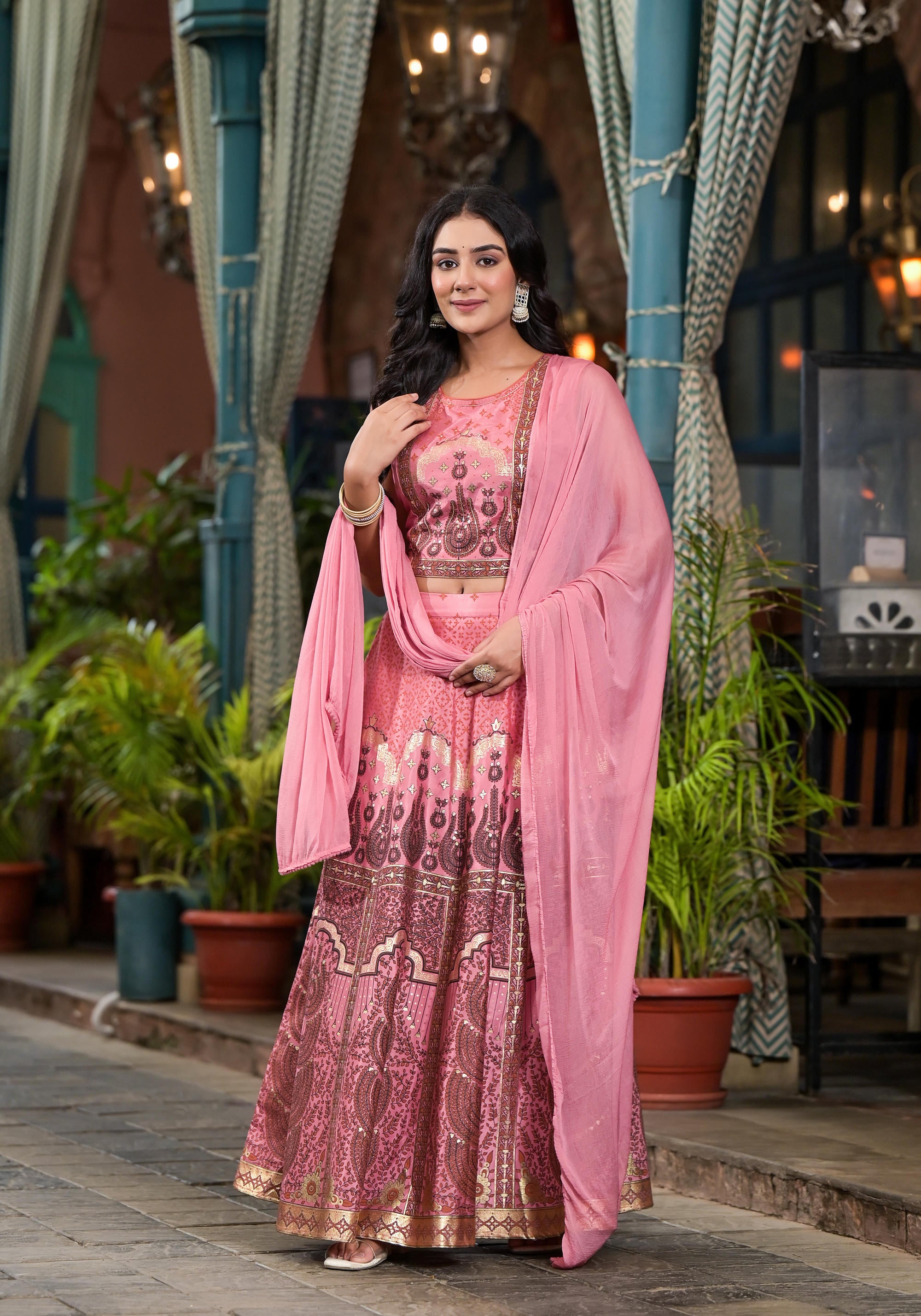 Pink Ethnic Motif Printed Lehenga Set With Sequins & Gota Patti