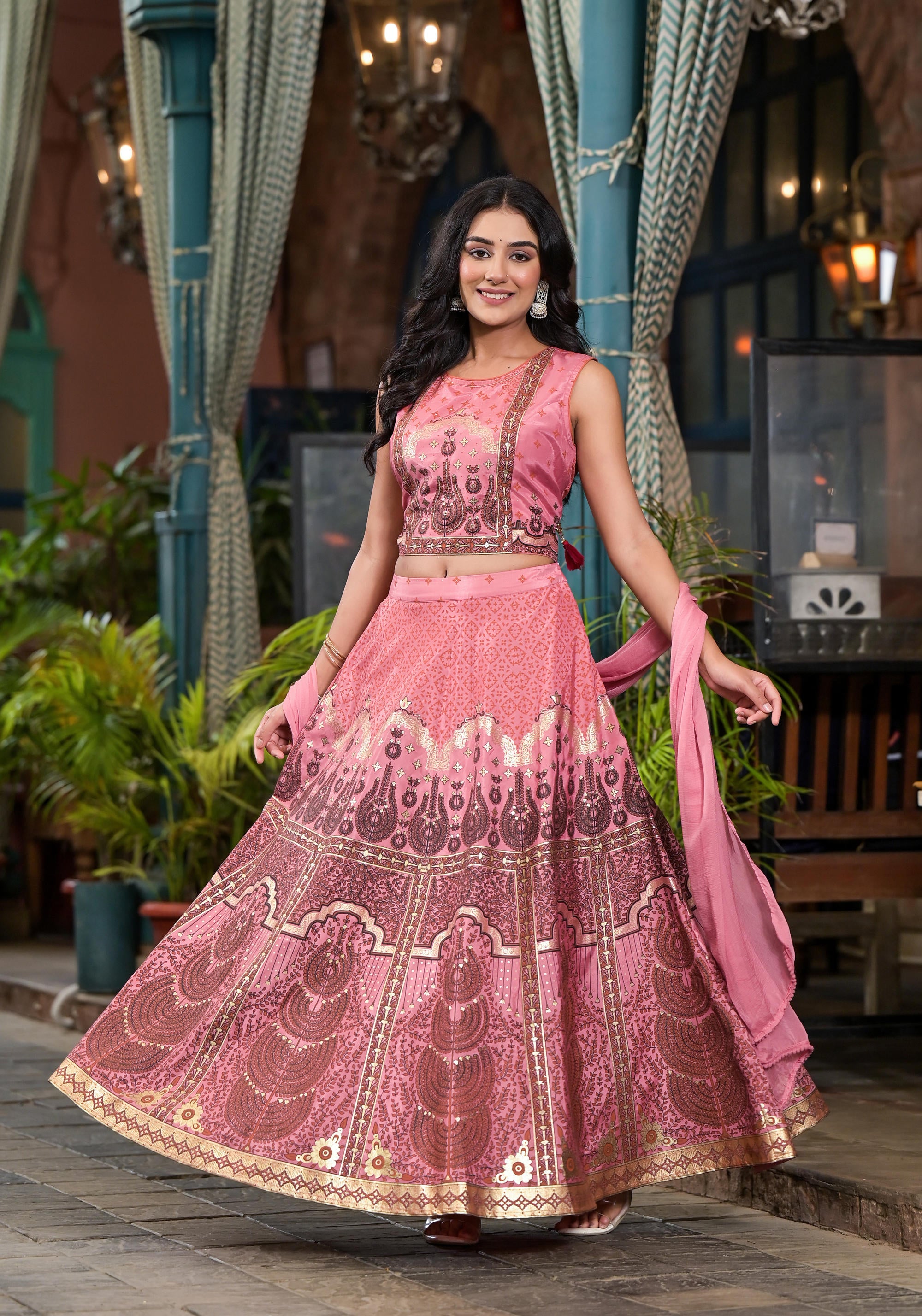 Pink Ethnic Motif Printed Lehenga Set With Sequins & Gota Patti