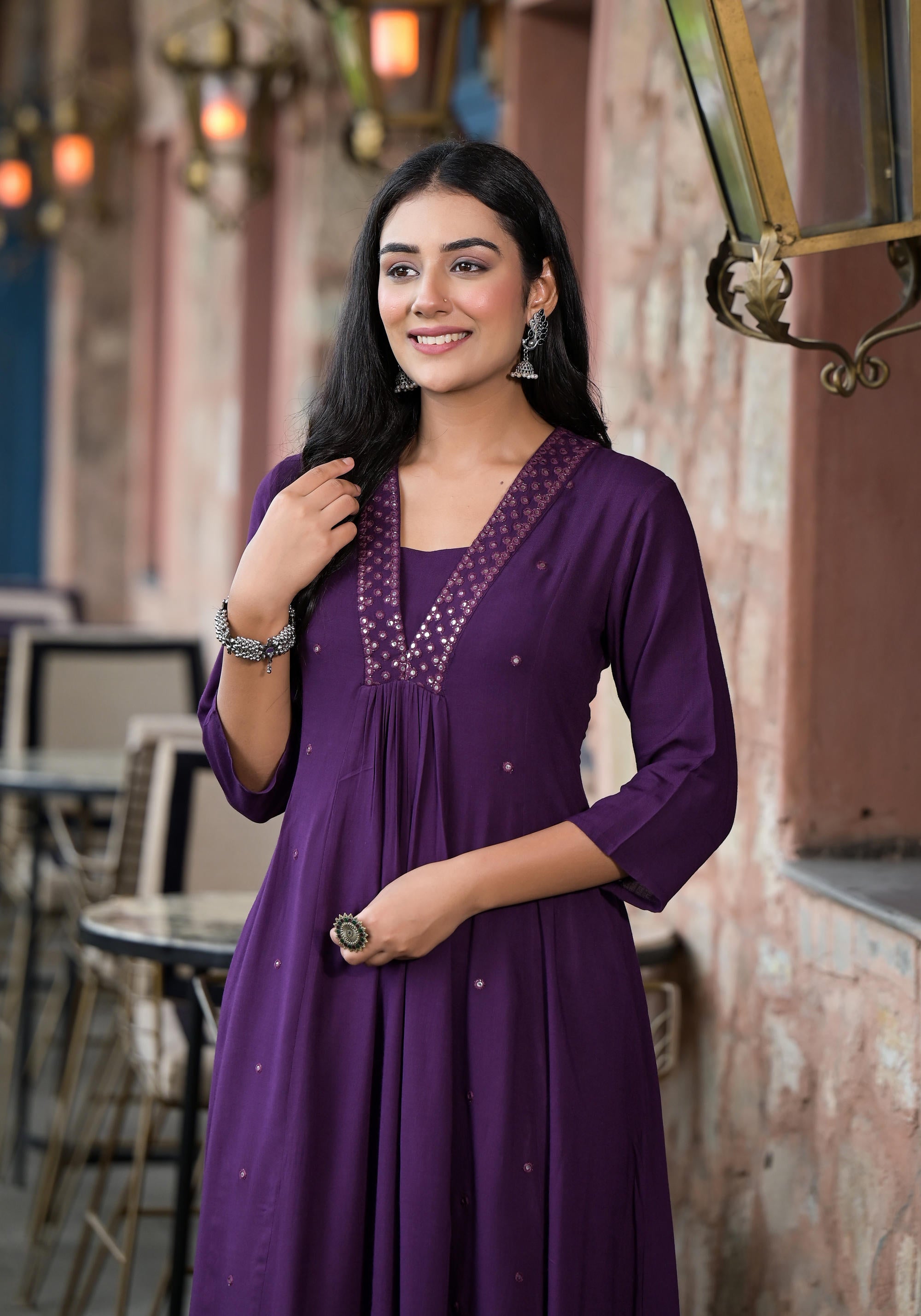 Plum Solid Liva Rayon Kurta With Mirror Work