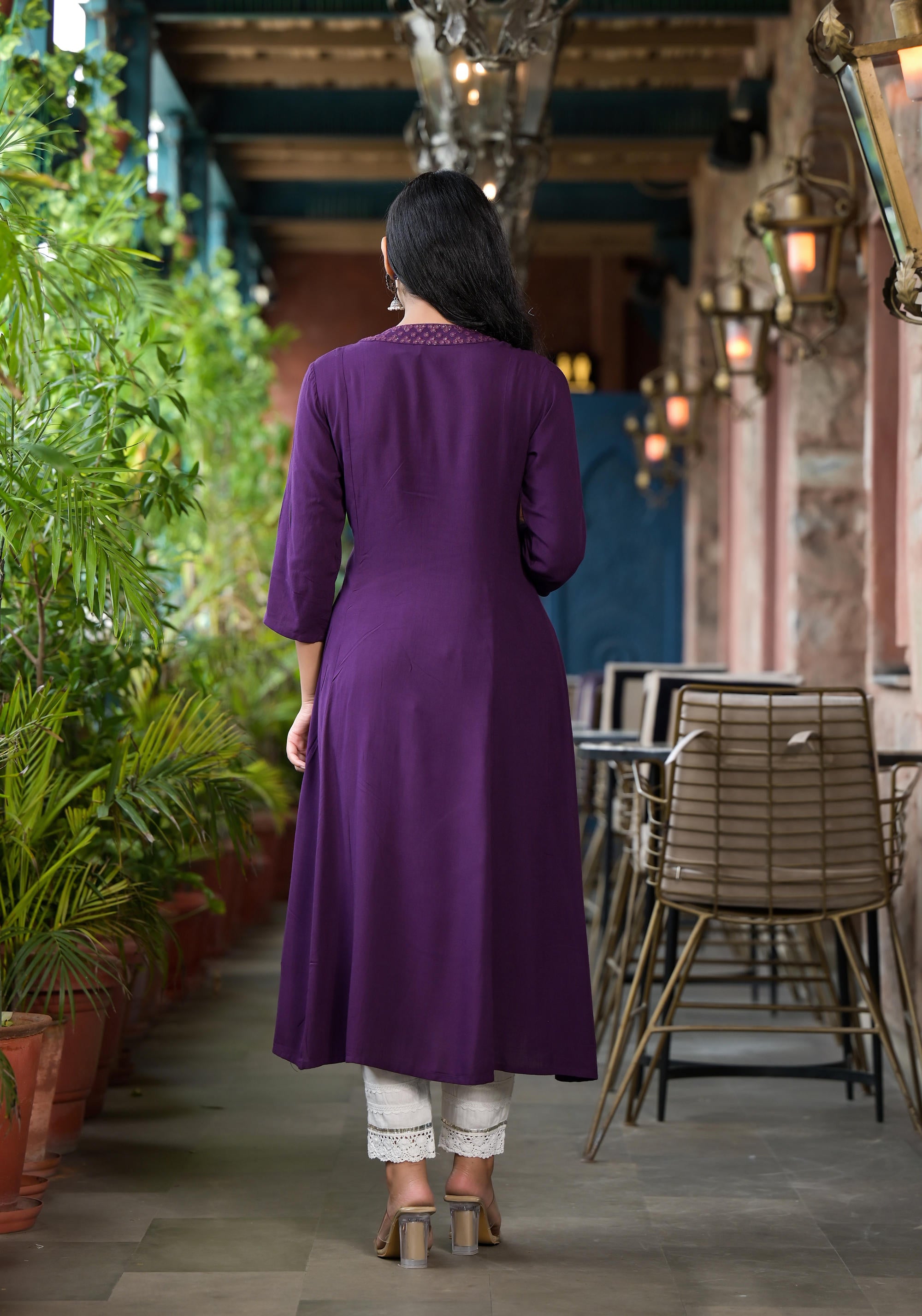 Plum Solid Liva Rayon Kurta With Mirror Work