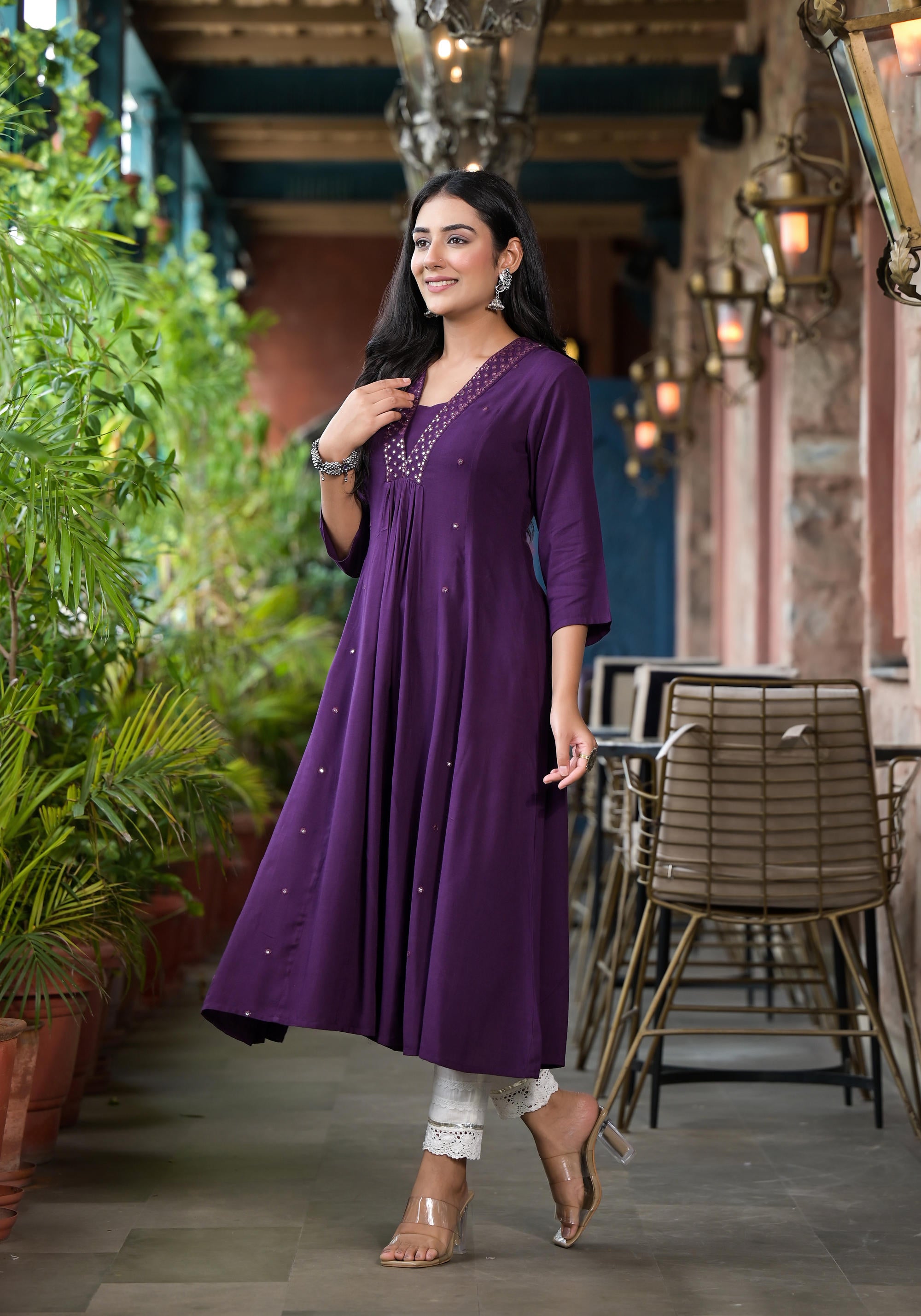 Plum Solid Liva Rayon Kurta With Mirror Work