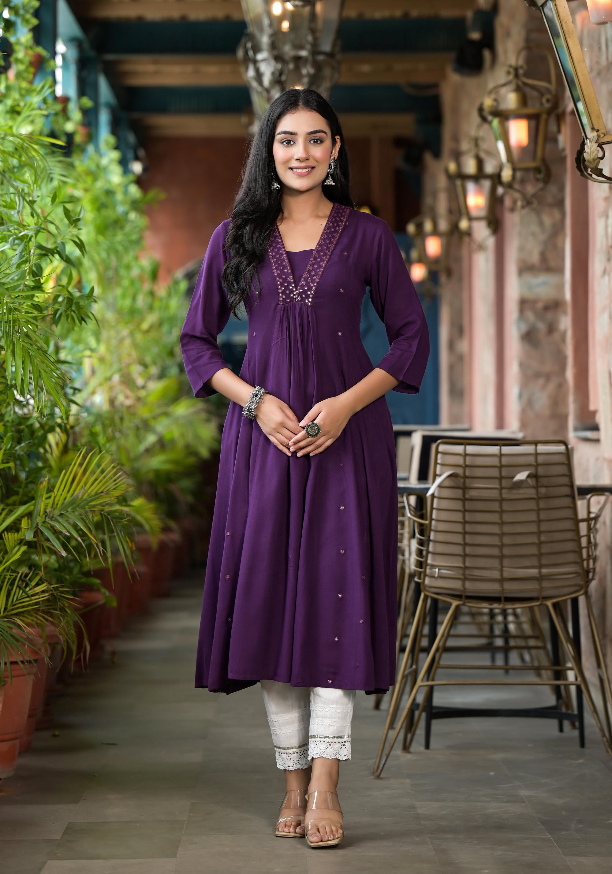 Plum Solid Liva Rayon Kurta With Mirror Work