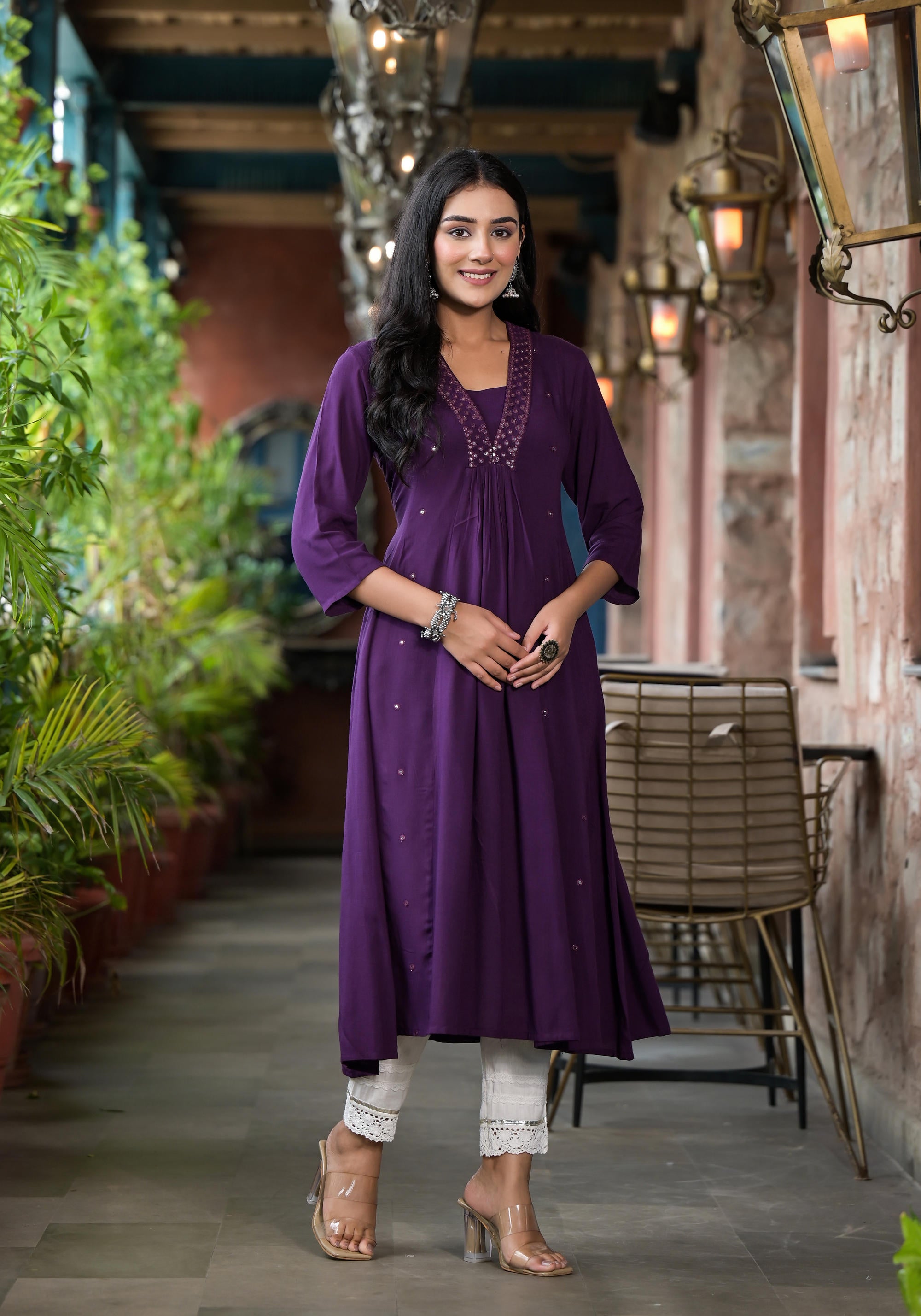 Plum Solid Liva Rayon Kurta With Mirror Work