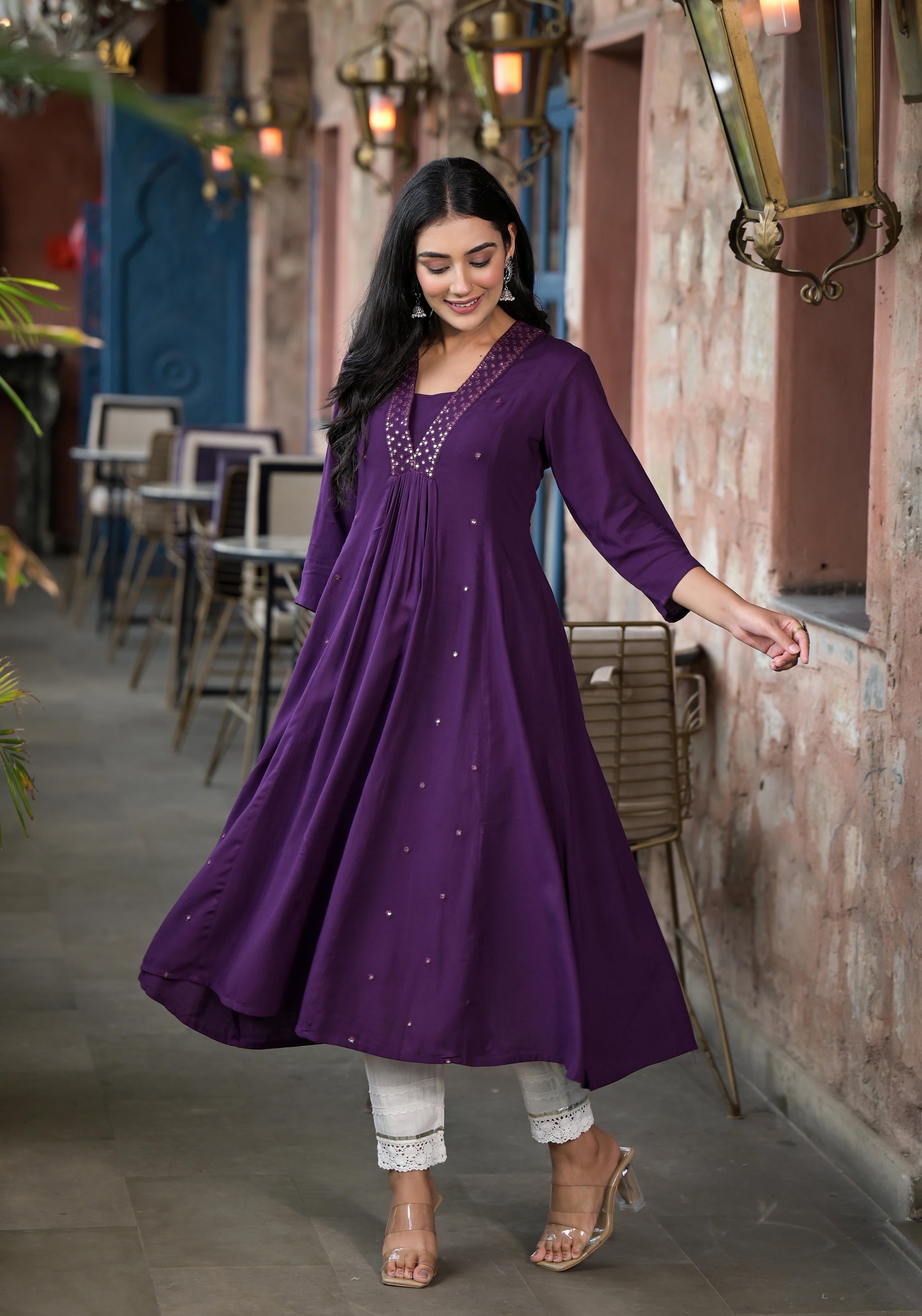 Plum Solid Liva Rayon Kurta With Mirror Work