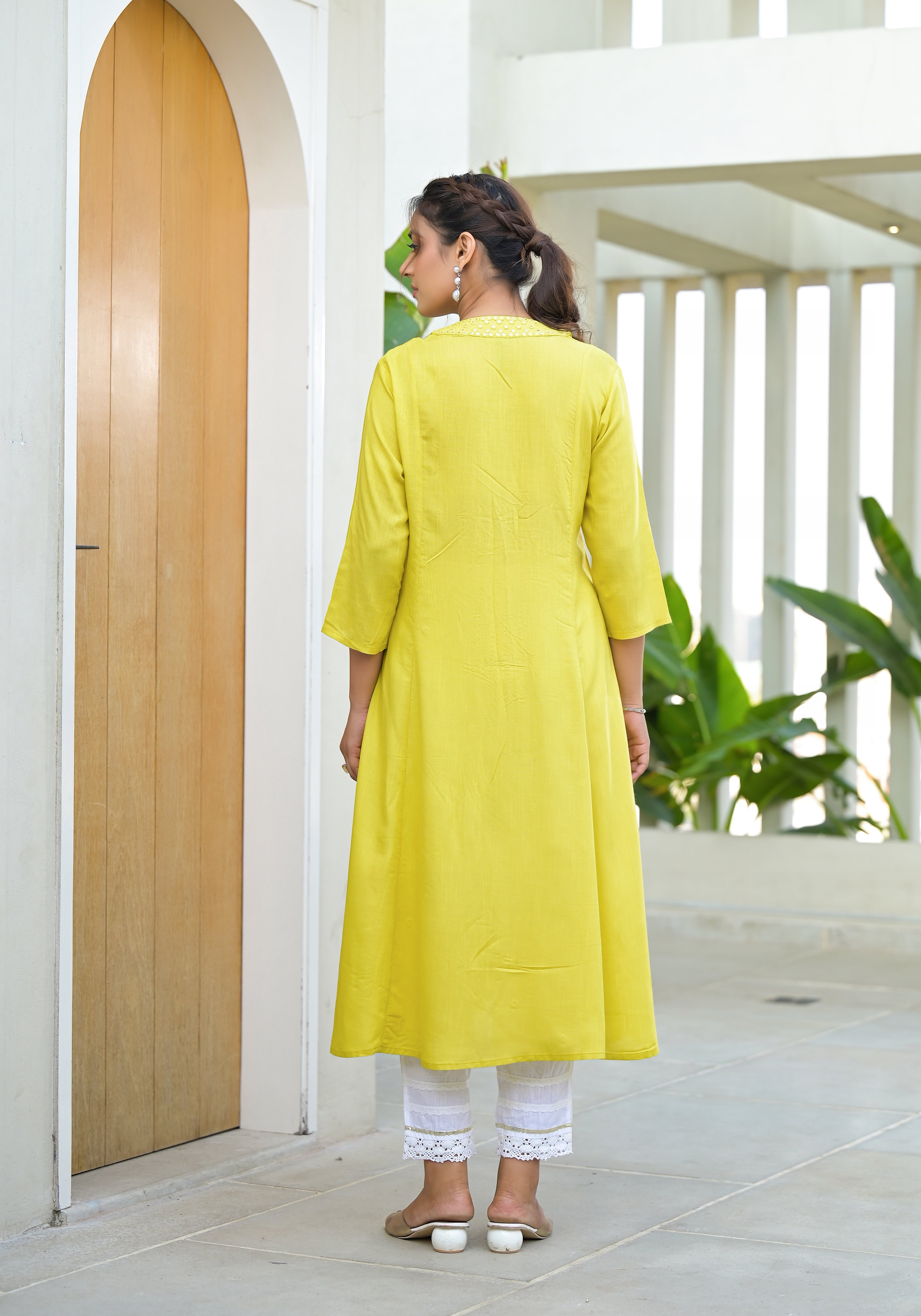 Yellow Solid Liva Rayon Kurta With Mirror Work