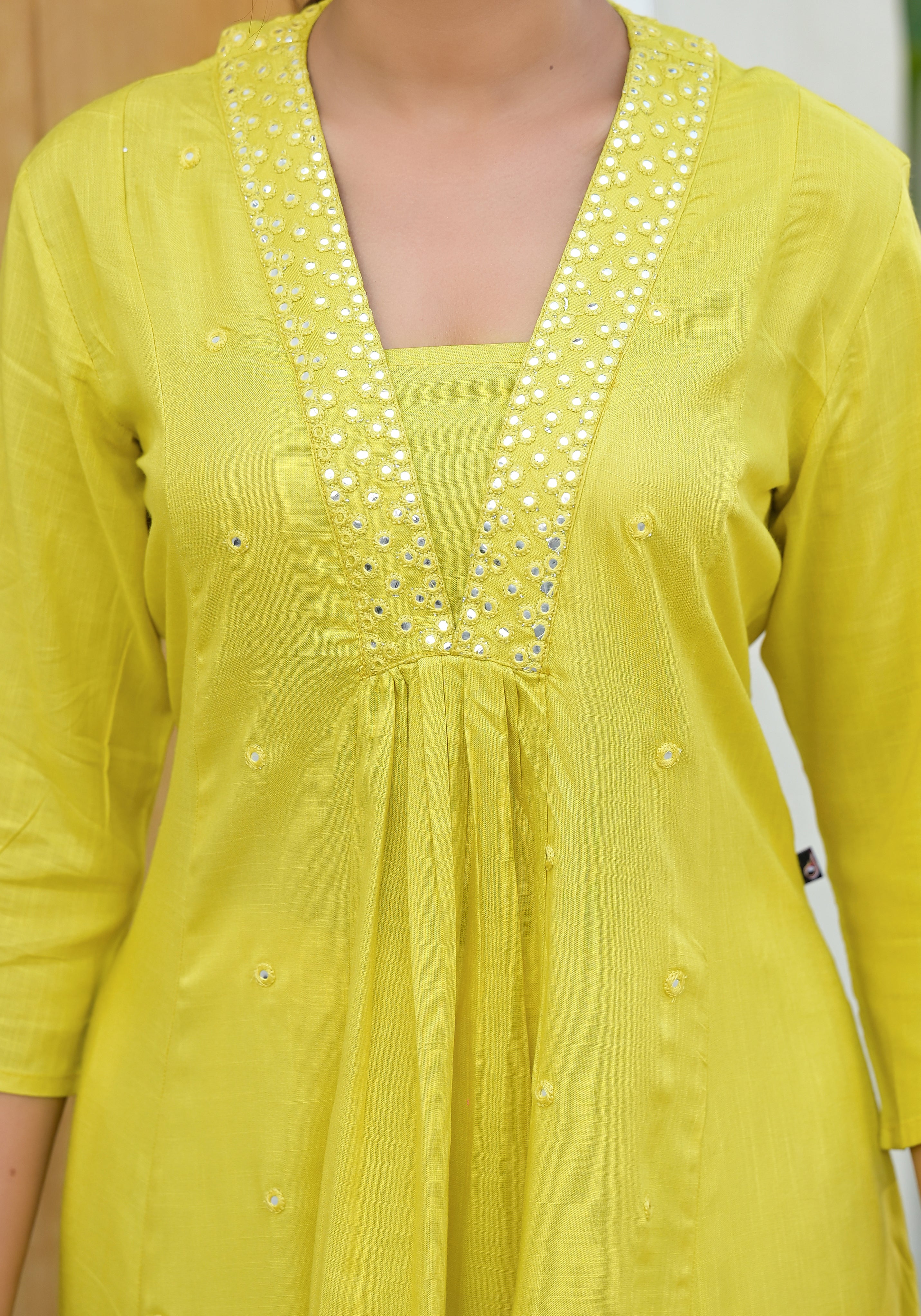 Yellow Solid Liva Rayon Kurta With Mirror Work