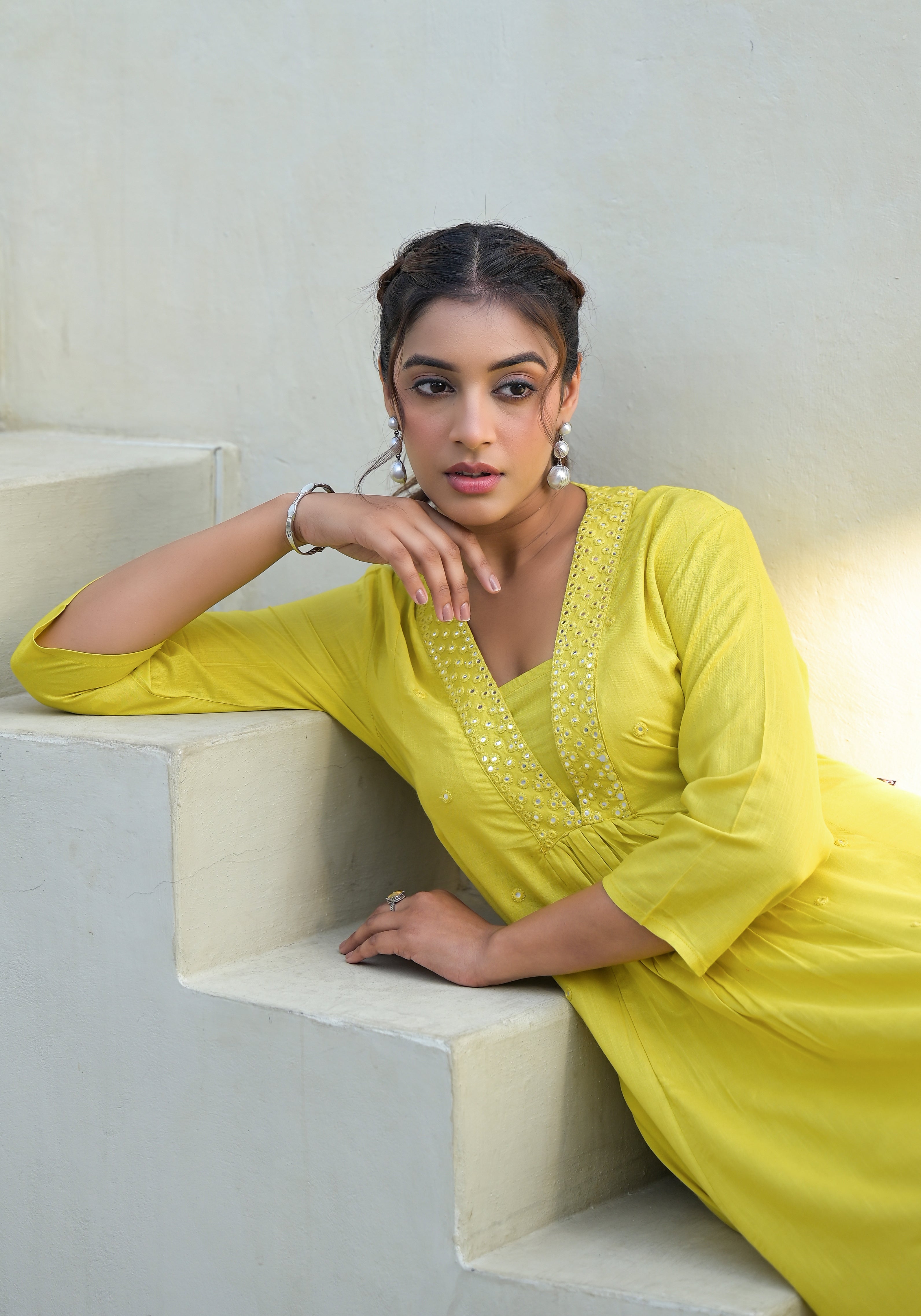 Yellow Solid Liva Rayon Kurta With Mirror Work