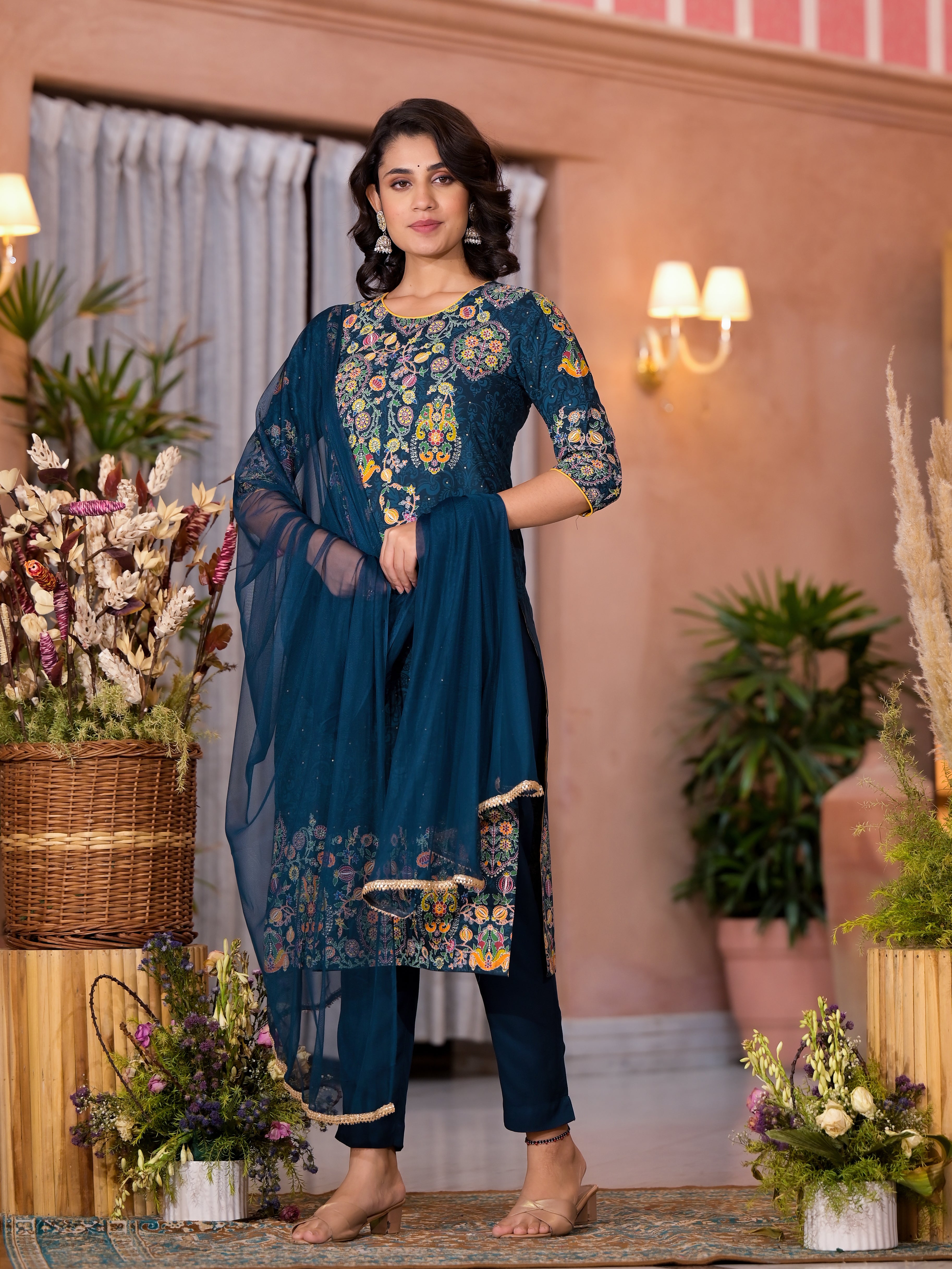 Navy Thread Embroidered Liva Rayon Kurta Pant And Dupatta Set With Sequins Beads & Lace