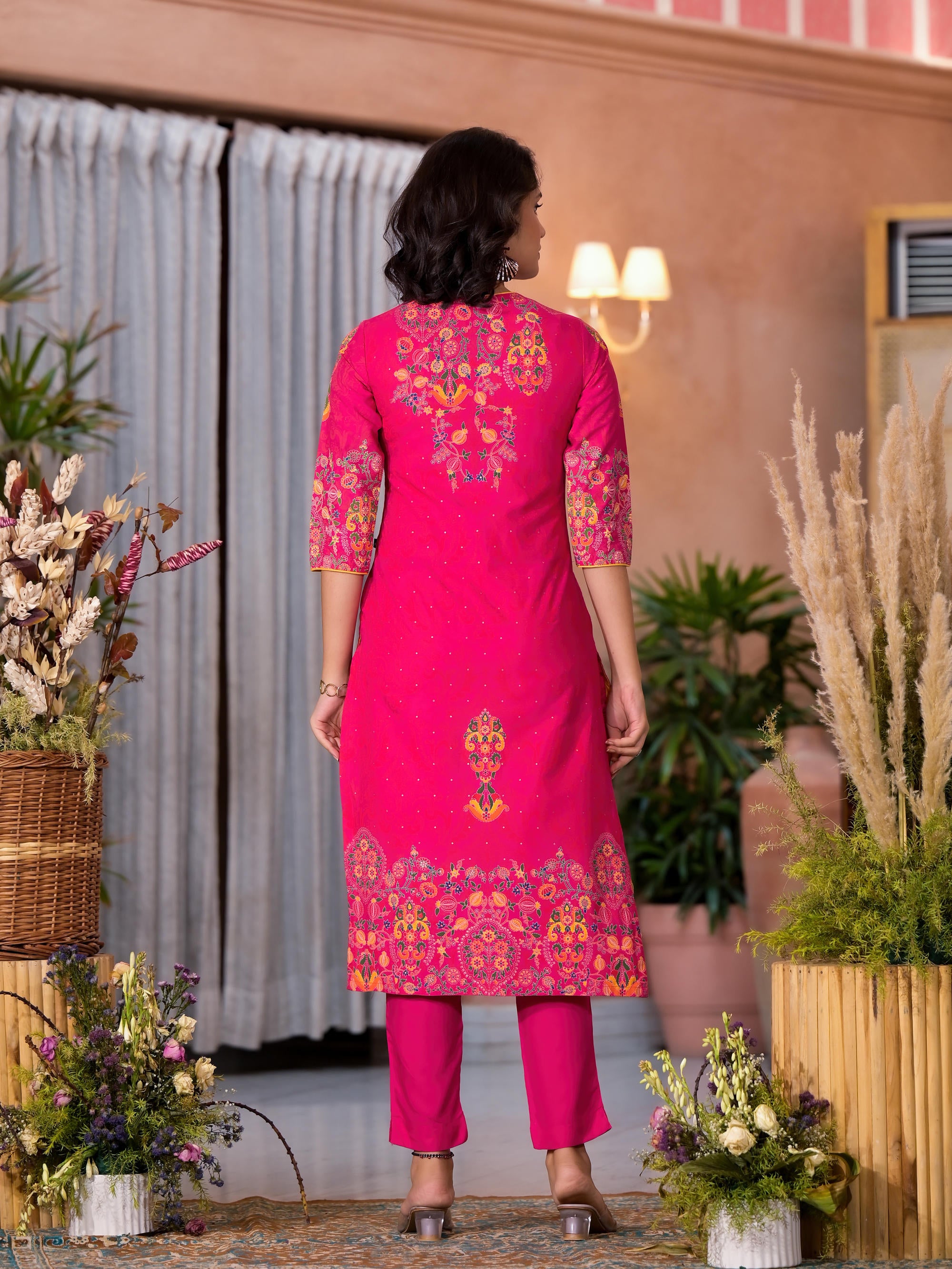 Pink Thread Embroidered Liva Rayon Kurta Pant And Dupatta Set With Sequins Beads & Lace