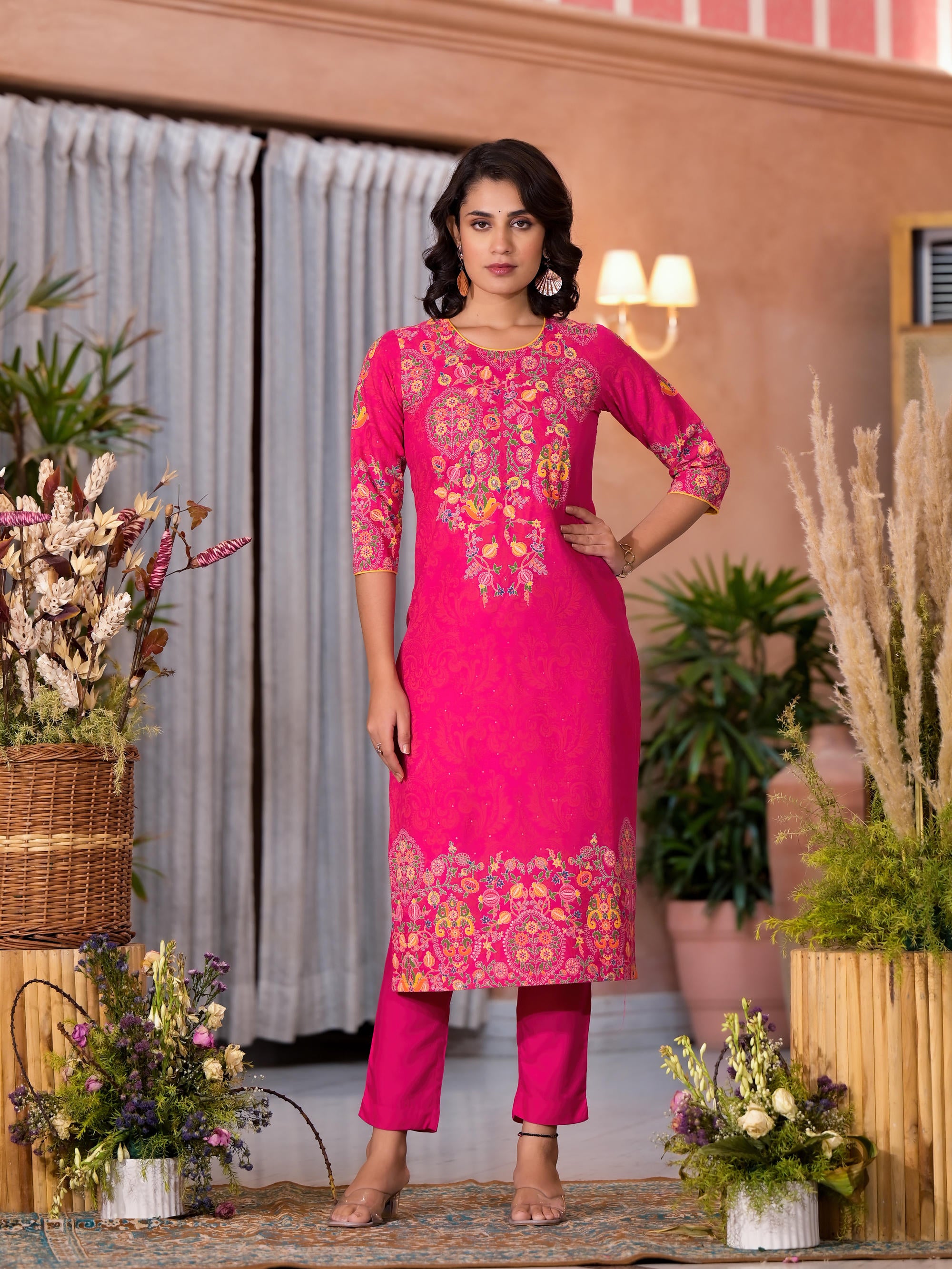 Pink Thread Embroidered Liva Rayon Kurta Pant And Dupatta Set With Sequins Beads & Lace