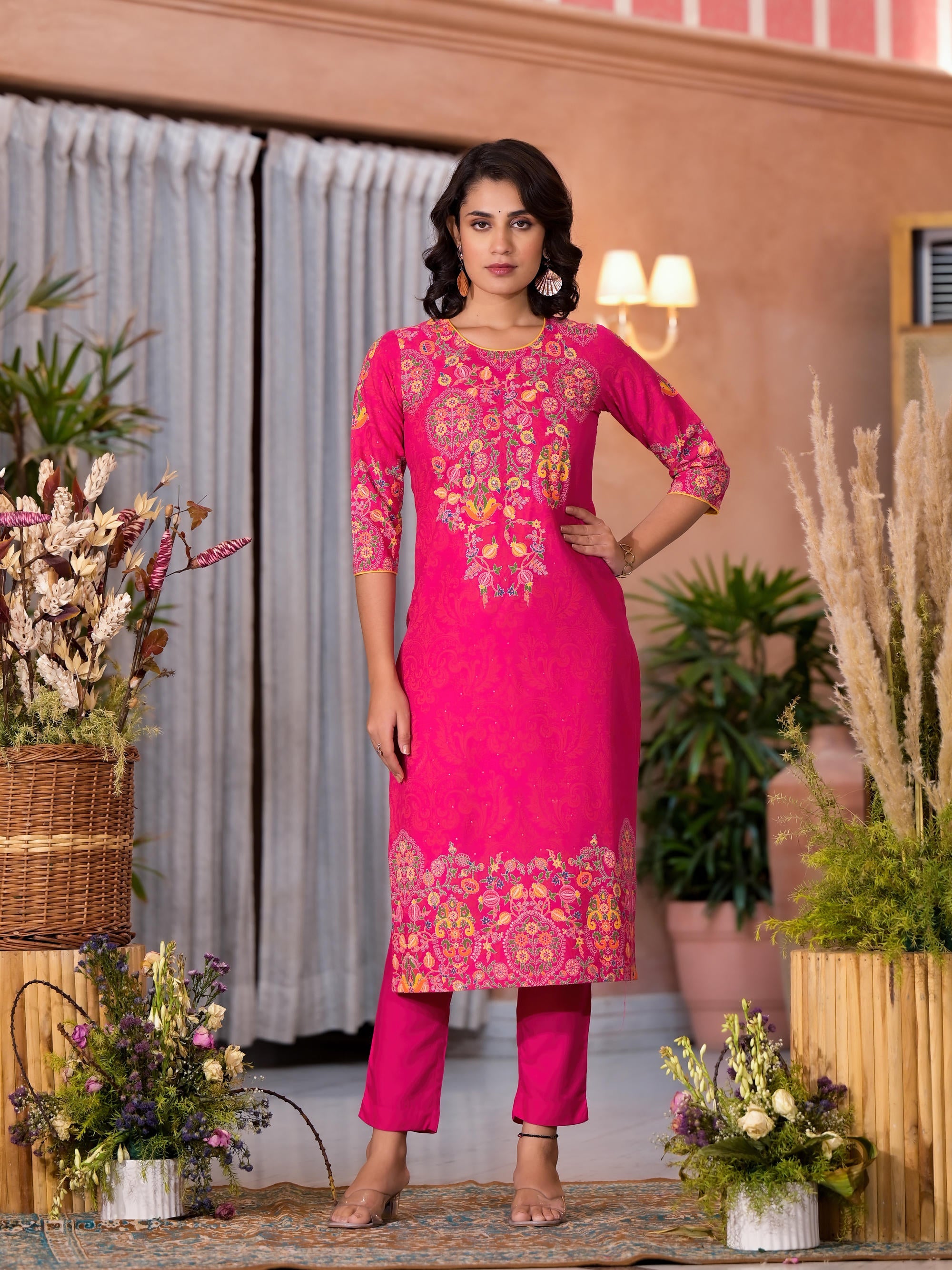Pink Thread Embroidered Liva Rayon Kurta Pant And Dupatta Set With Sequins Beads & Lace