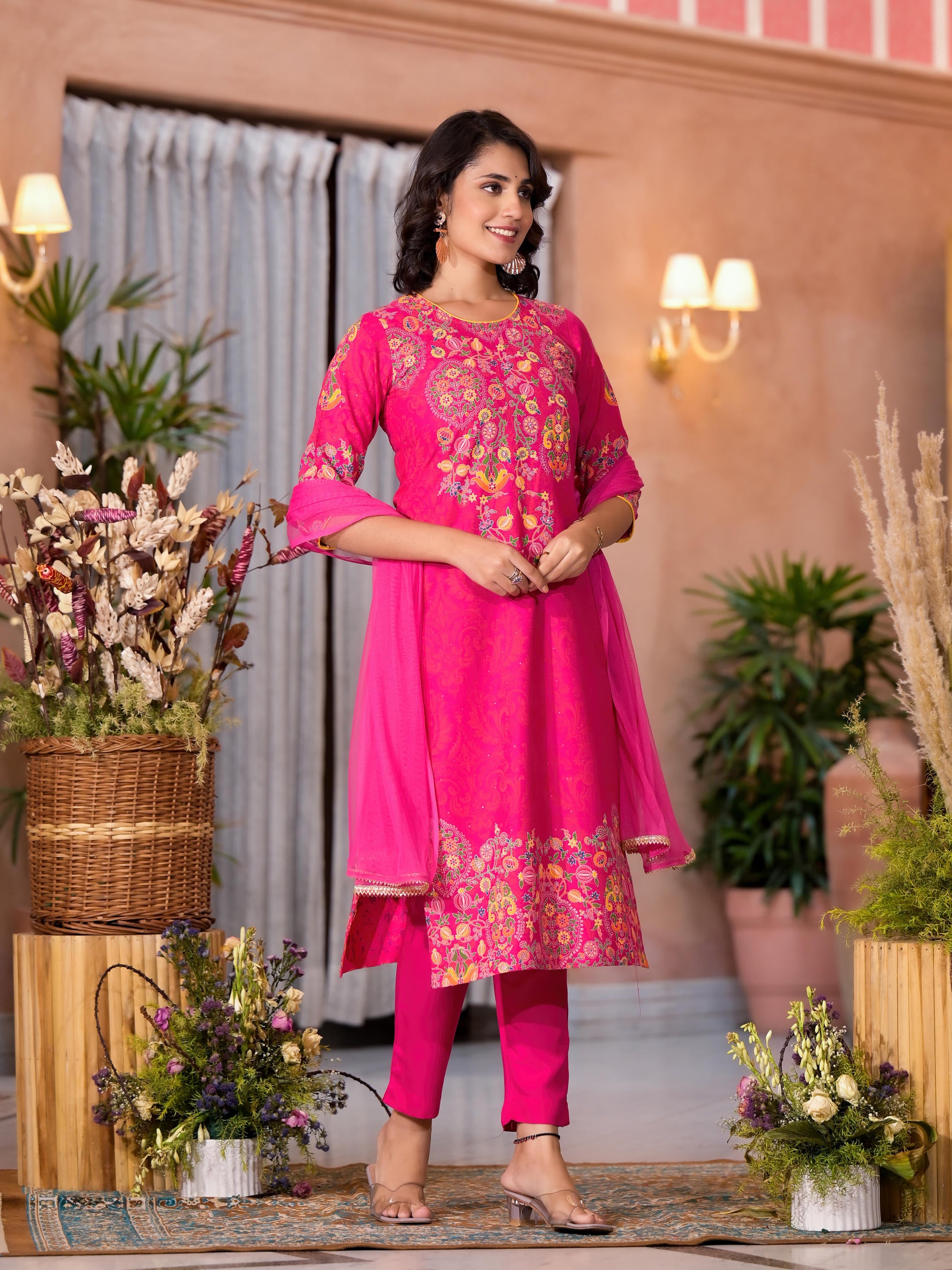 Pink Thread Embroidered Liva Rayon Kurta Pant And Dupatta Set With Sequins Beads & Lace