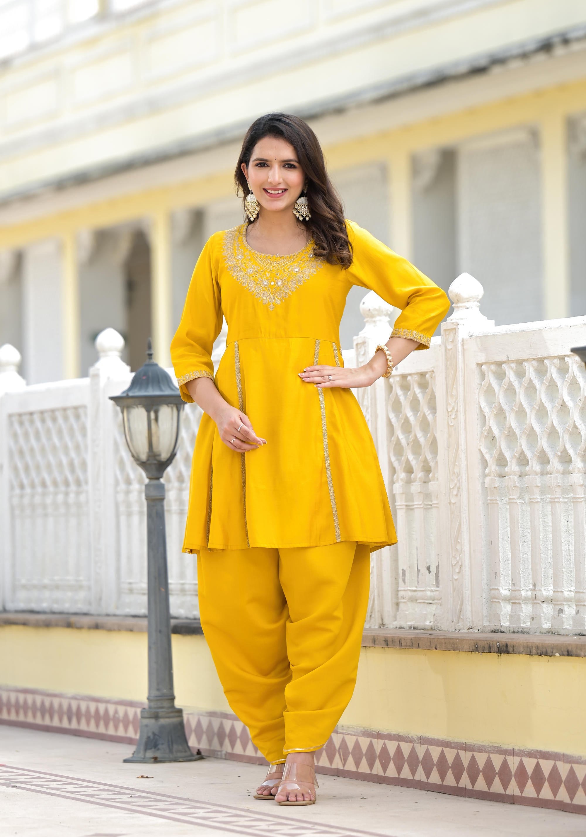 Mustard Solid Viscose Kurta & Pant Set With Zari & Mirror Work