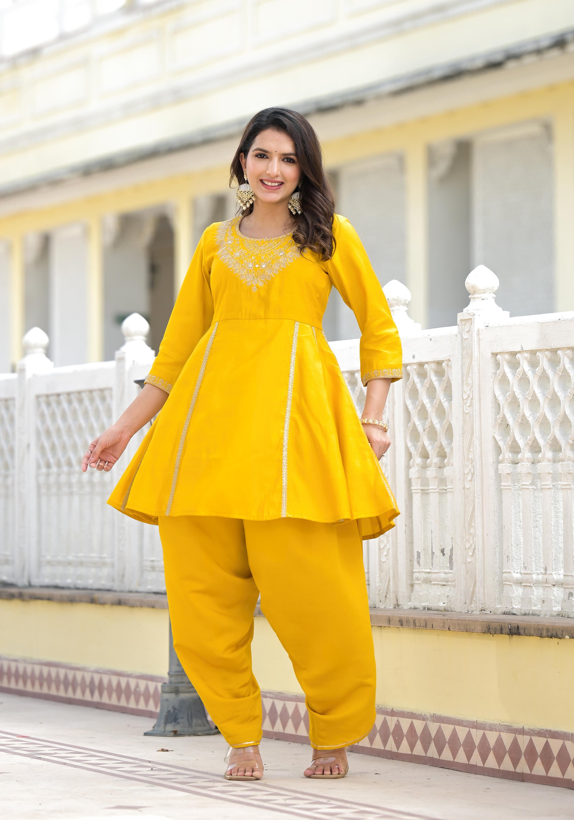 Mustard Solid Viscose Kurta & Pant Set With Zari & Mirror Work