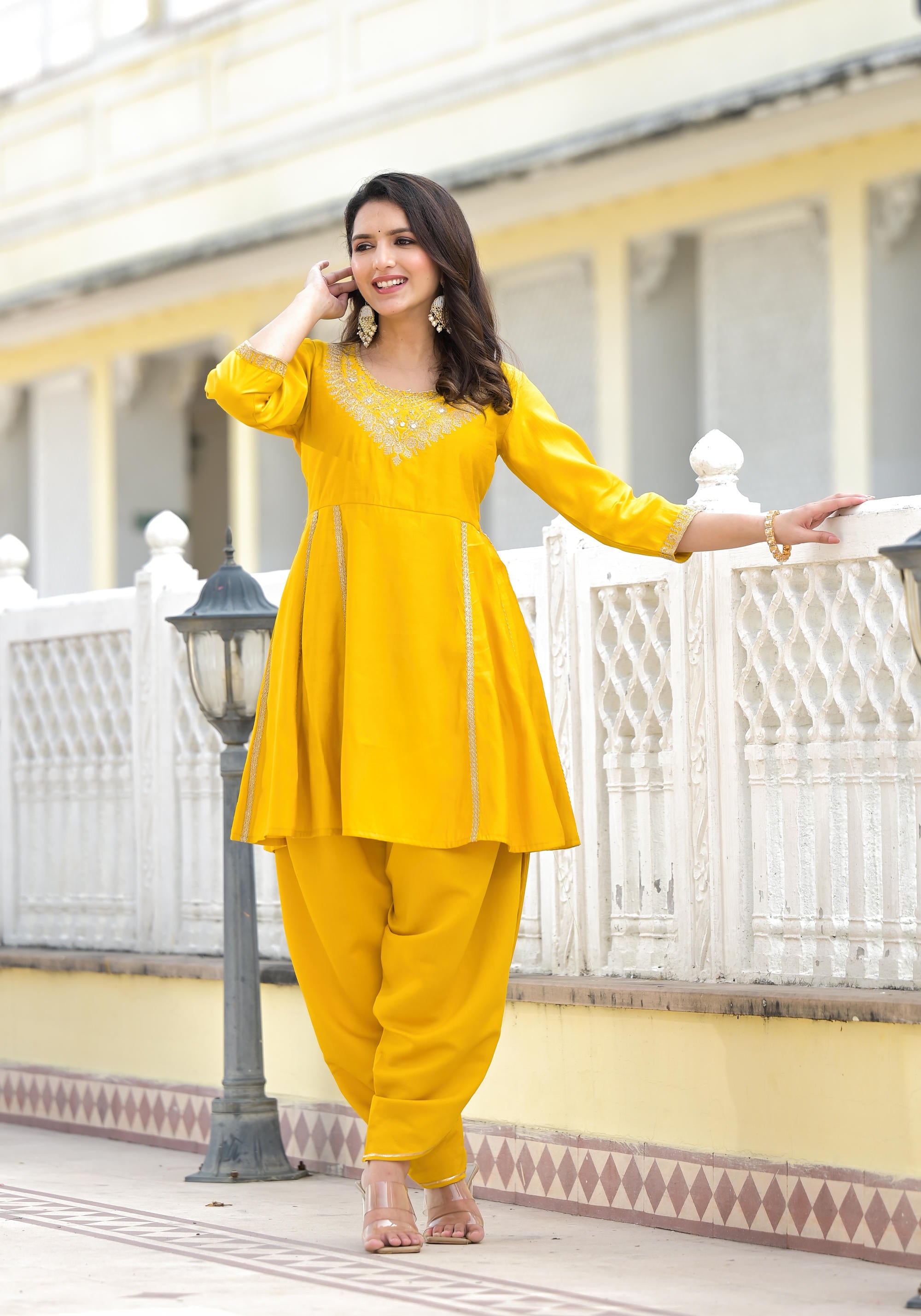 Mustard Solid Viscose Kurta & Pant Set With Zari & Mirror Work