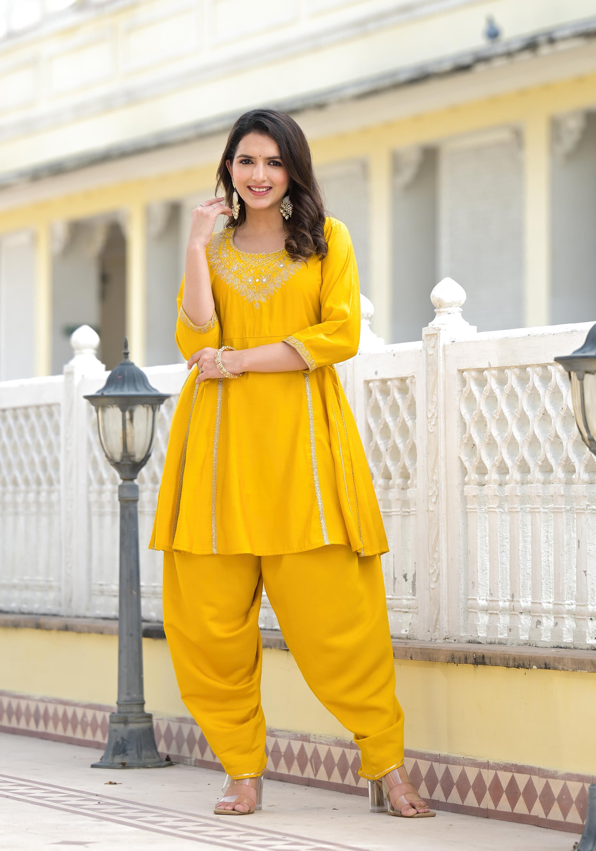 Mustard Solid Viscose Kurta & Pant Set With Zari & Mirror Work