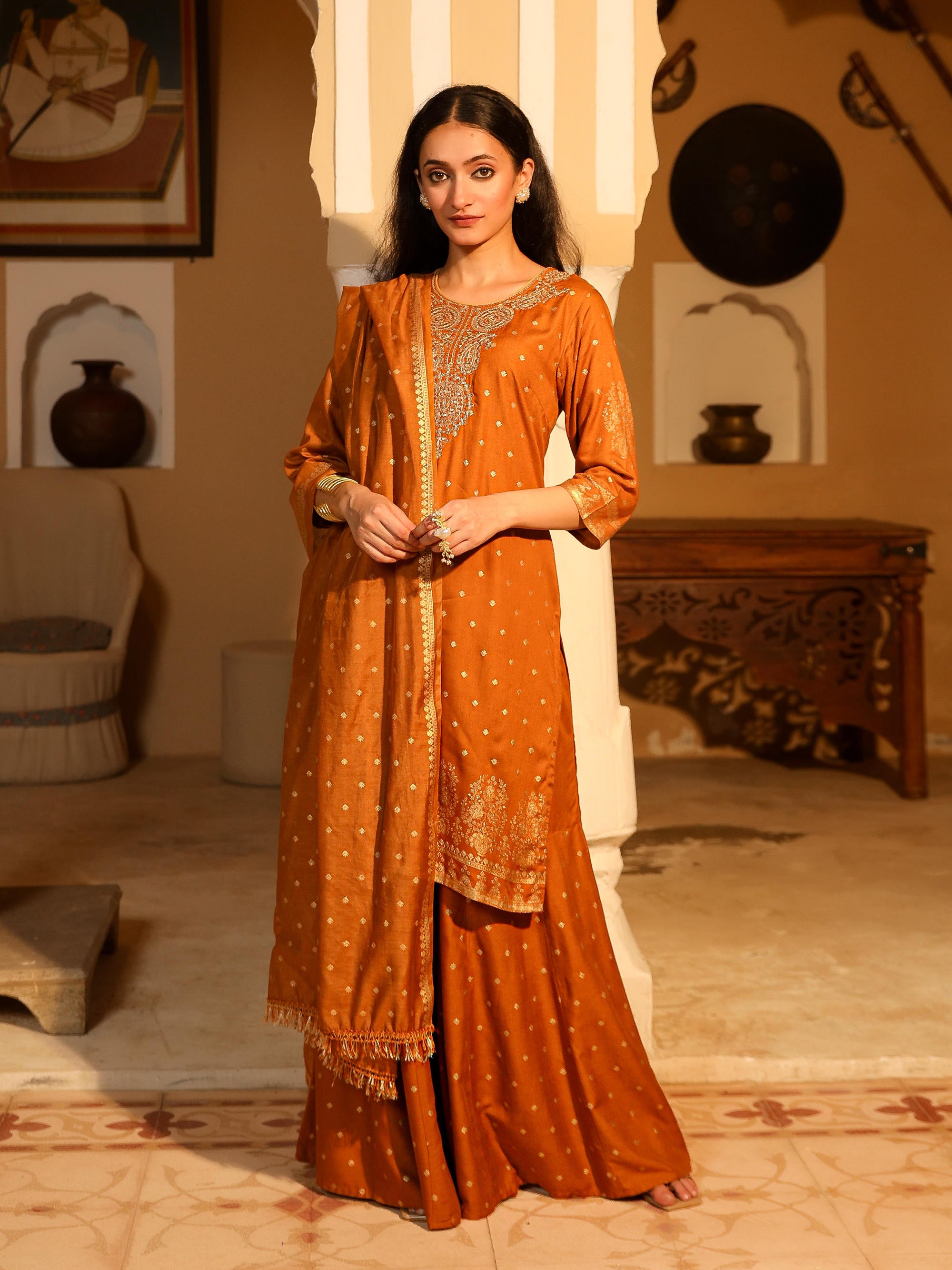 Mustard Ethnic Motif Printed Rayon Kurta Pant And Dupatta With Zari Work & Sequins