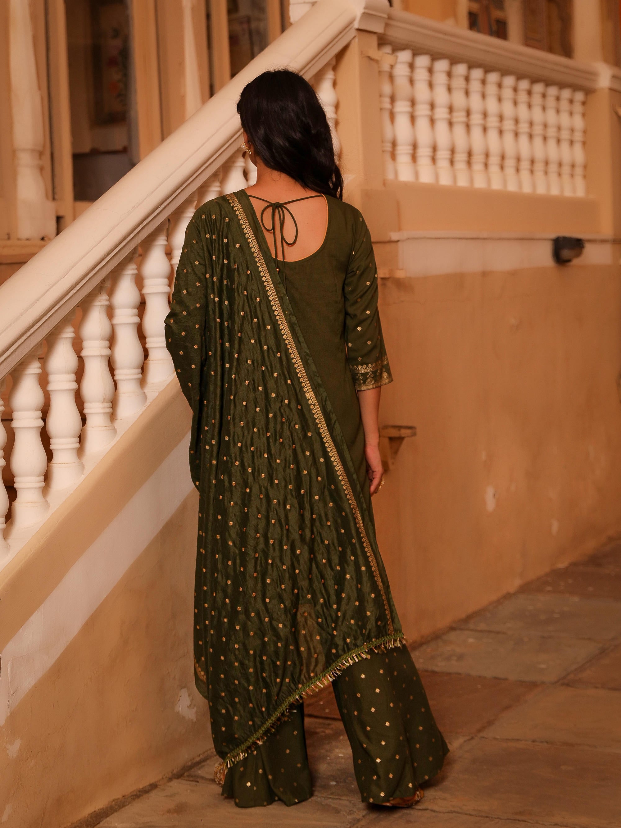 The Swarn Olive Ethnic Motif Printed Rayon Kurta Pant And Dupatta With Zari Work & Sequins