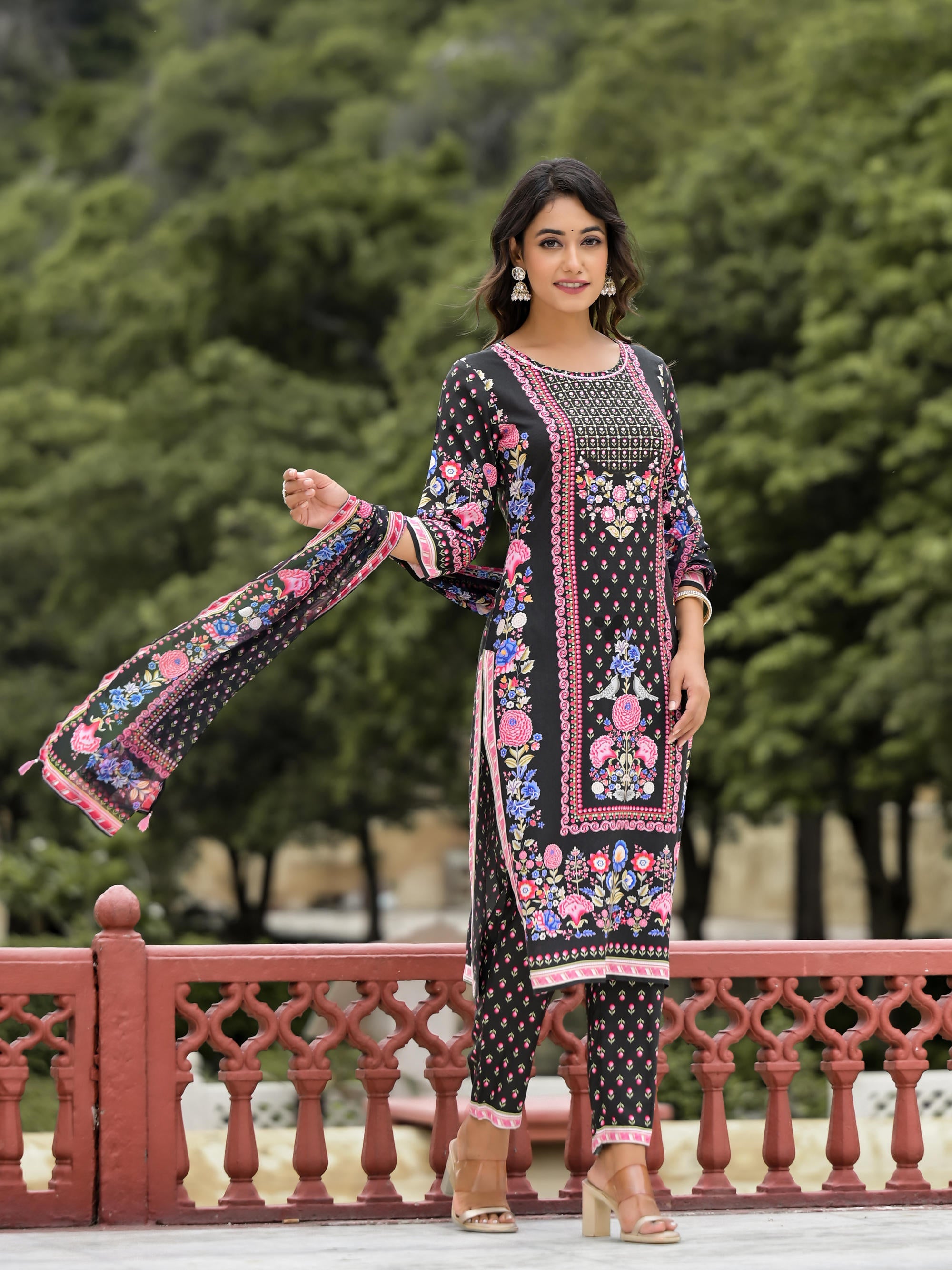 Black Floral Printed Liva Rayon Kurta Pant And Dupatta Set With Tassels & Sequins