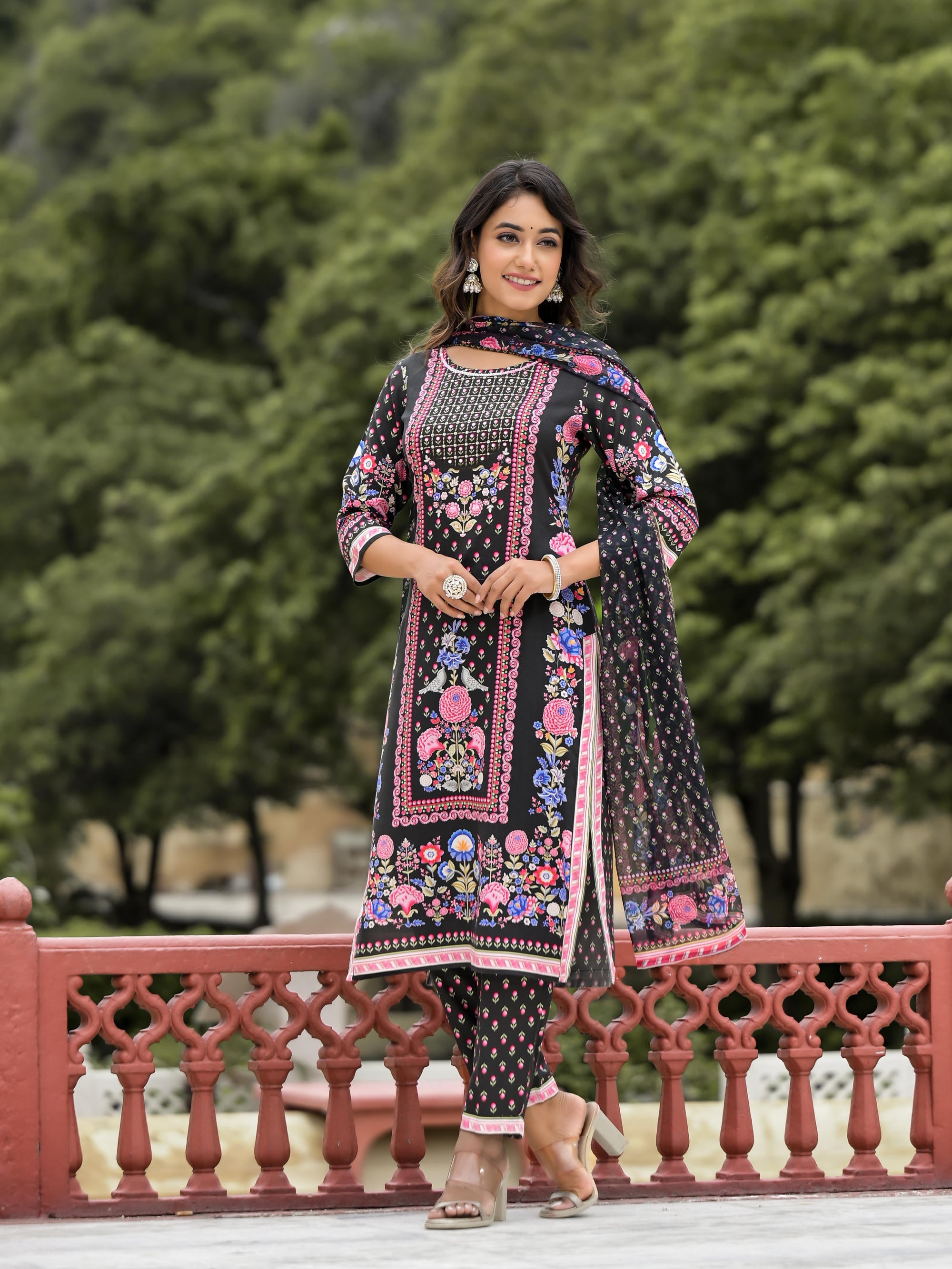 Black Floral Printed Liva Rayon Kurta Pant And Dupatta Set With Tassels & Sequins
