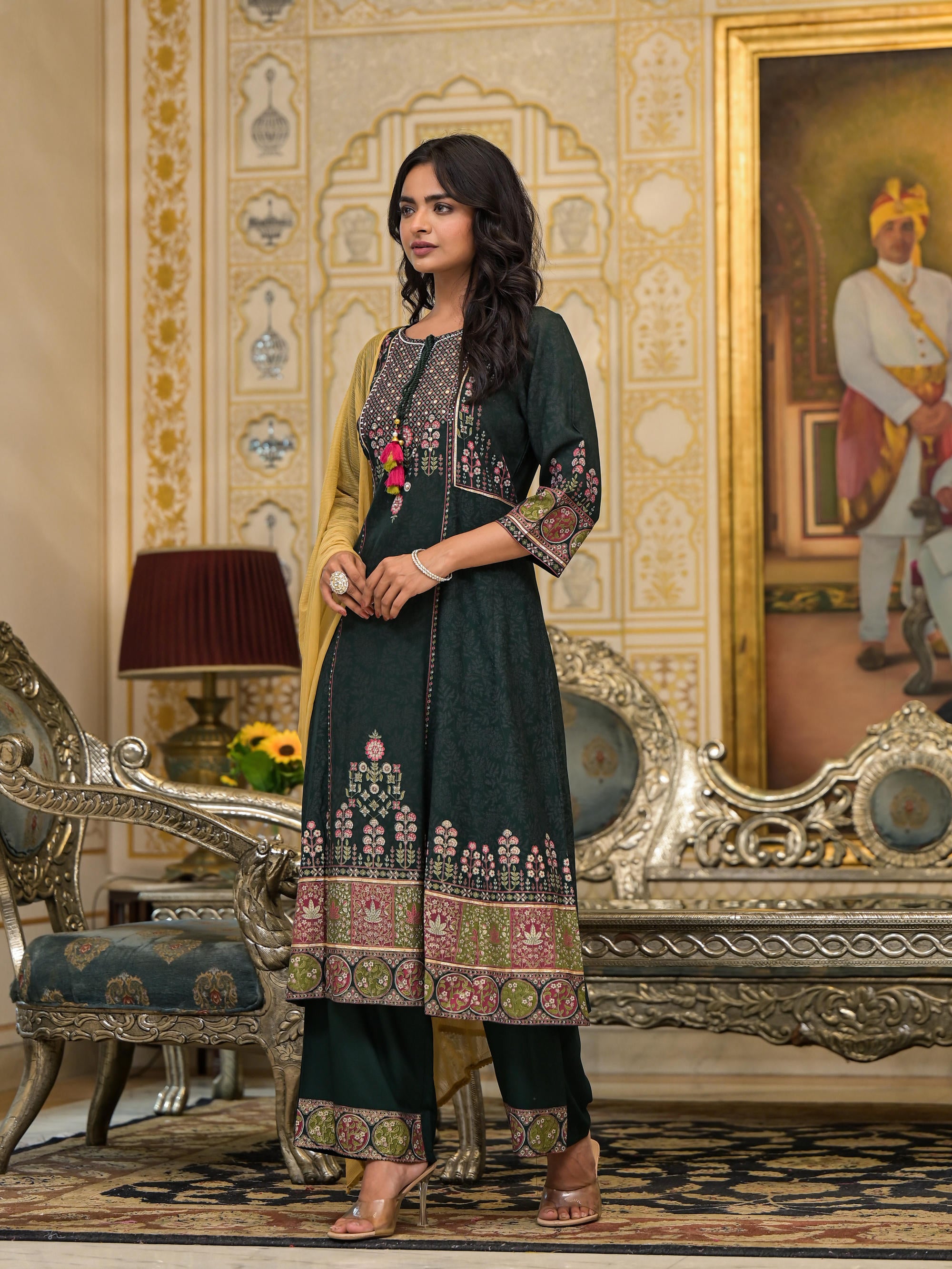 Green Floral Printed Rayon Kurta Pant With Dupatta Set With Thread Work & Tassels