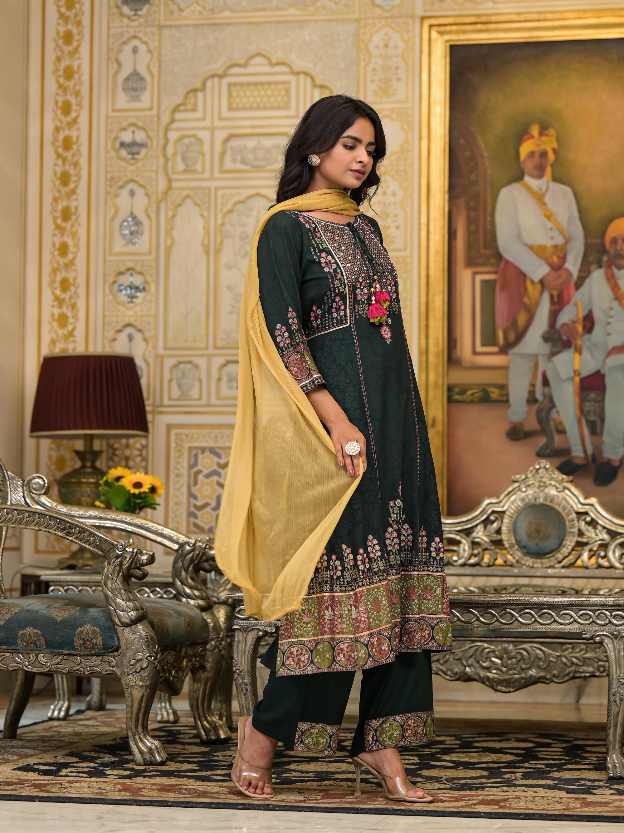 Green Floral Printed Rayon Kurta Pant With Dupatta Set With Thread Work & Tassels