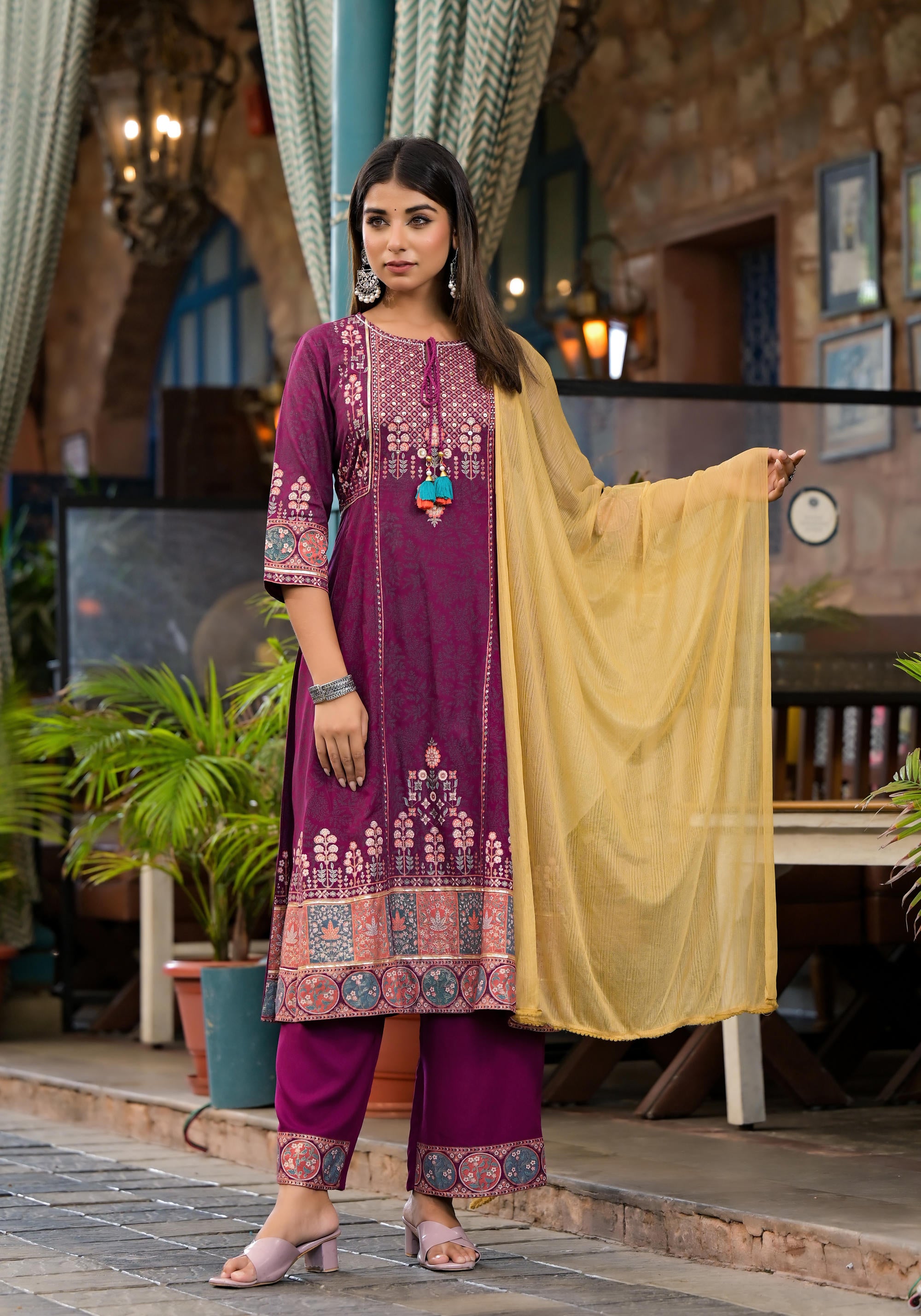 Plum Floral Printed Liva Rayon Kurta Pant And Dupatta Set With Thread Work Gota Patti & Beads