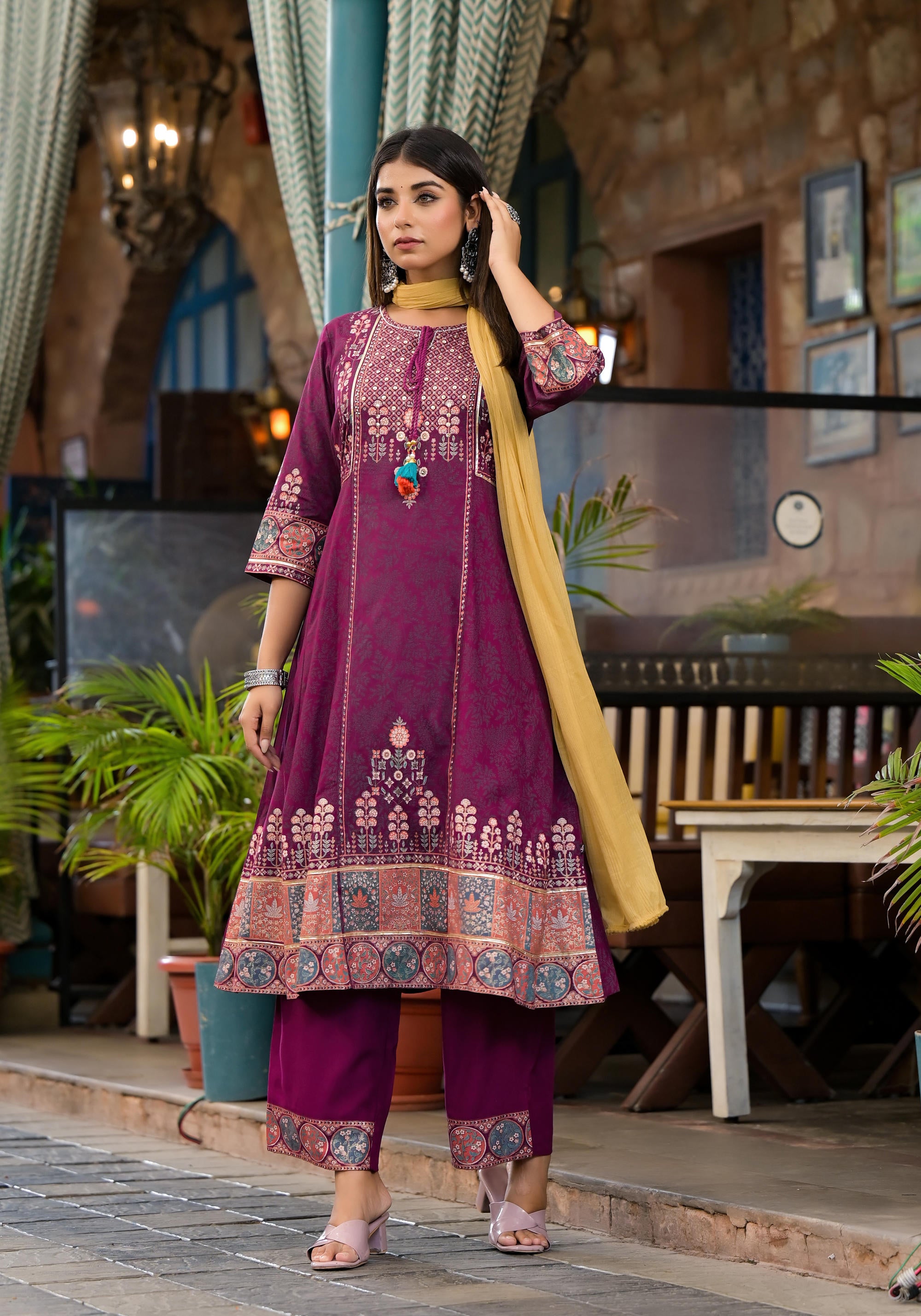 Plum Floral Printed Liva Rayon Kurta Pant And Dupatta Set With Thread Work Gota Patti & Beads