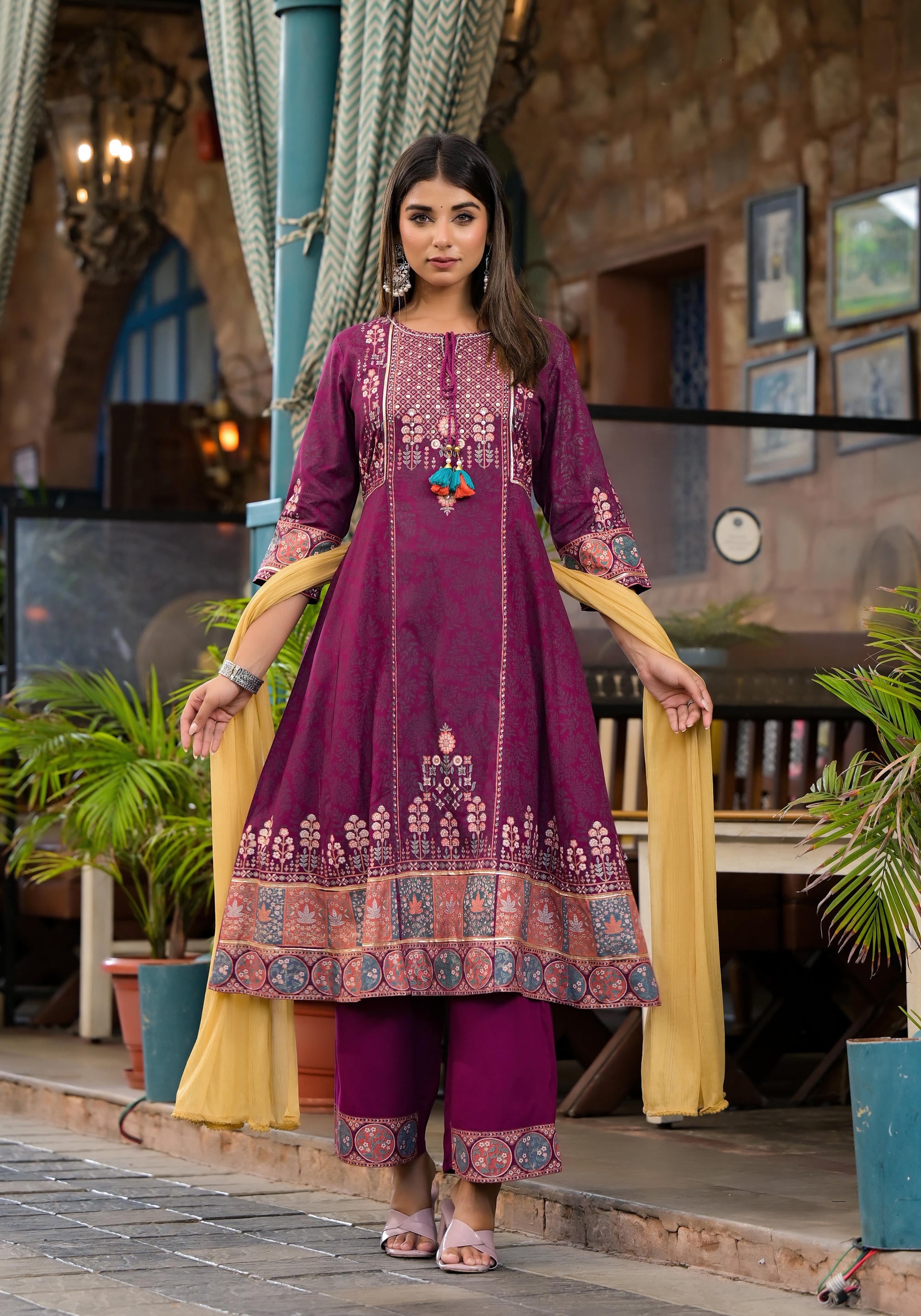 Plum Floral Printed Liva Rayon Kurta Pant And Dupatta Set With Thread Work Gota Patti & Beads