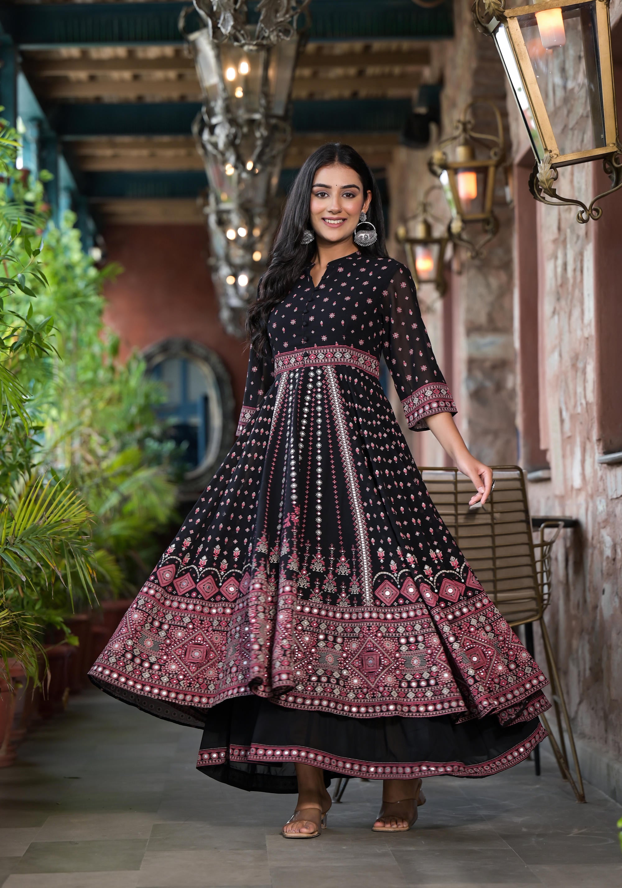 Black Ethnic Motif Printed Georgette A-line Dress With Mirror Work & Sequins